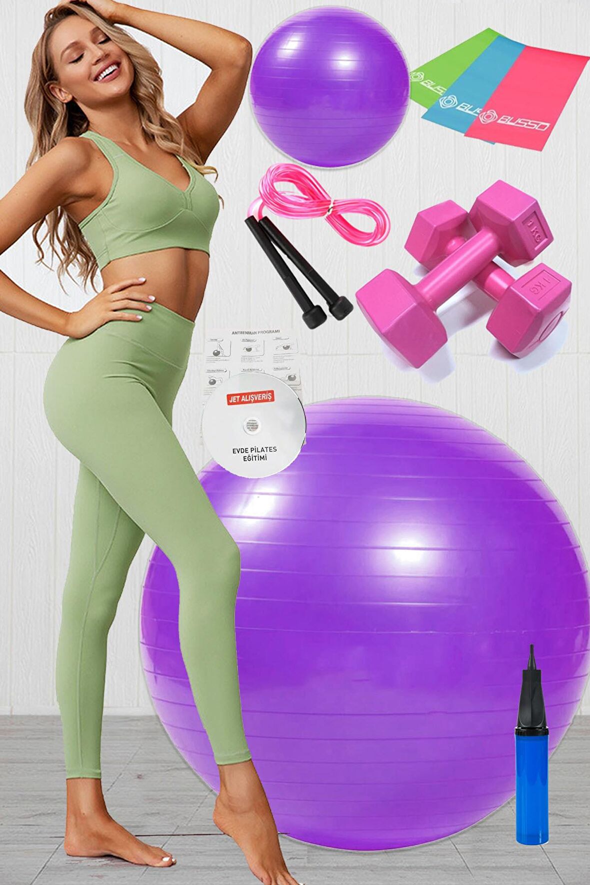 10 Lu Pilates Topu Seti Takımı 3 Lü Pilates Bandı Lastiği 1 Kg Dambıl Atlama Ipi Set Mor