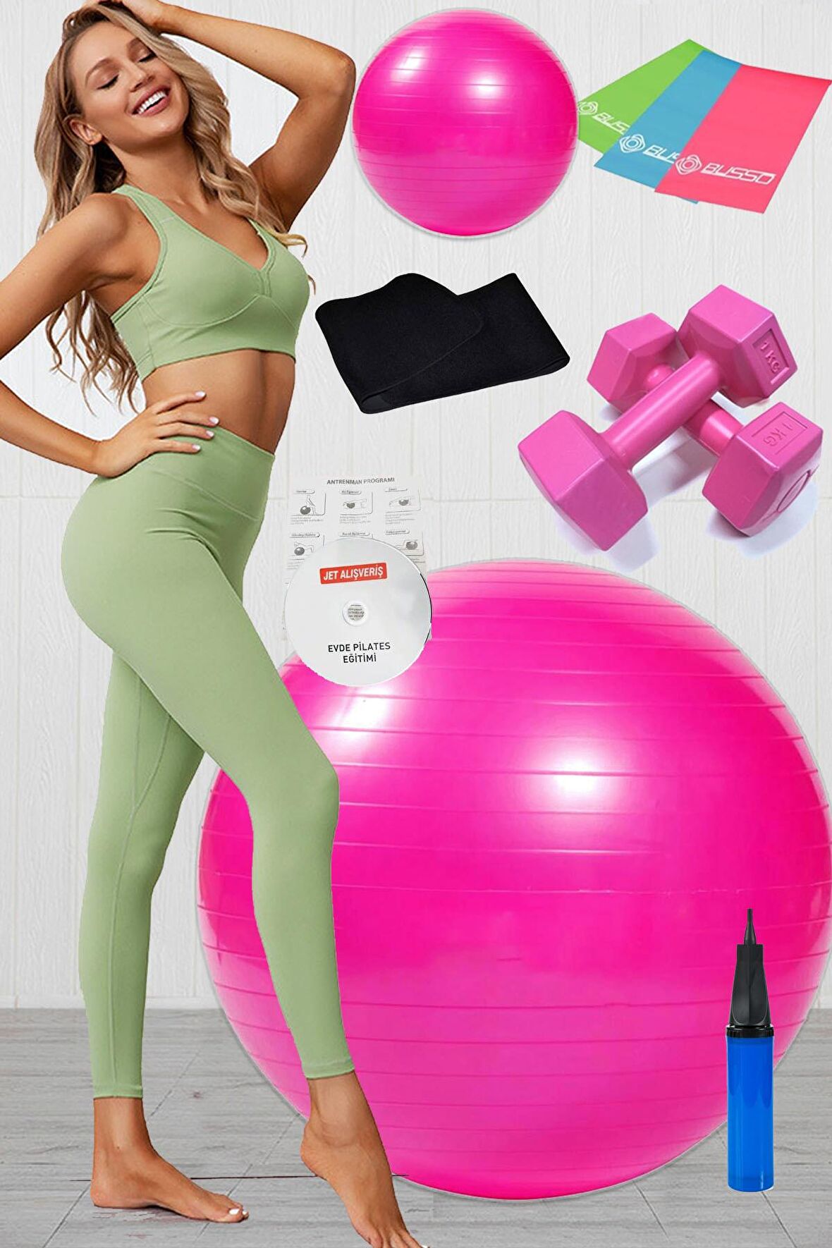 10 Lu Pilates Topu Seti Takımı 3 Lü Pilates Bandı Lastiği 1 Kg Dambıl Zayıflama Kemeri Set Pembe