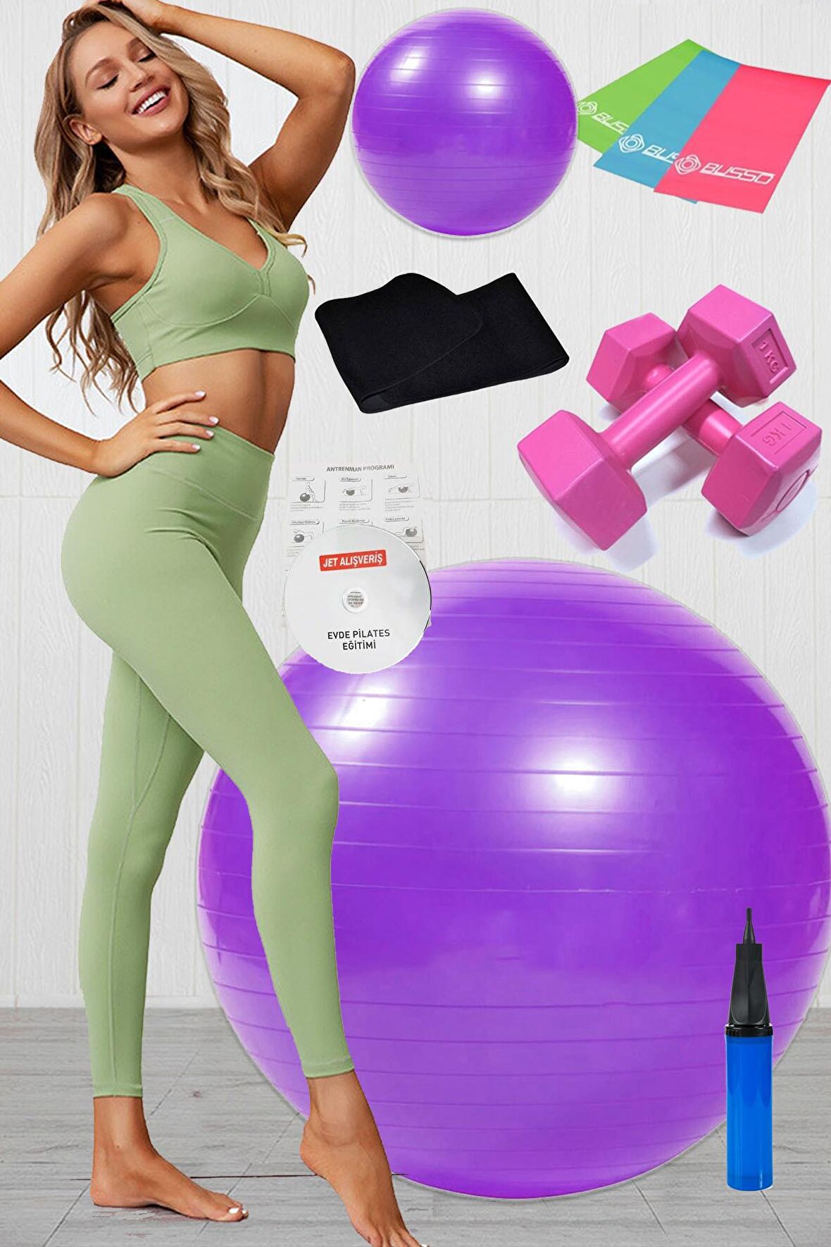 10 Lu Pilates Topu Seti Takımı 3 Lü Pilates Bandı Lastiği 1 Kg Dambıl Zayıflama Kemeri Set Mor