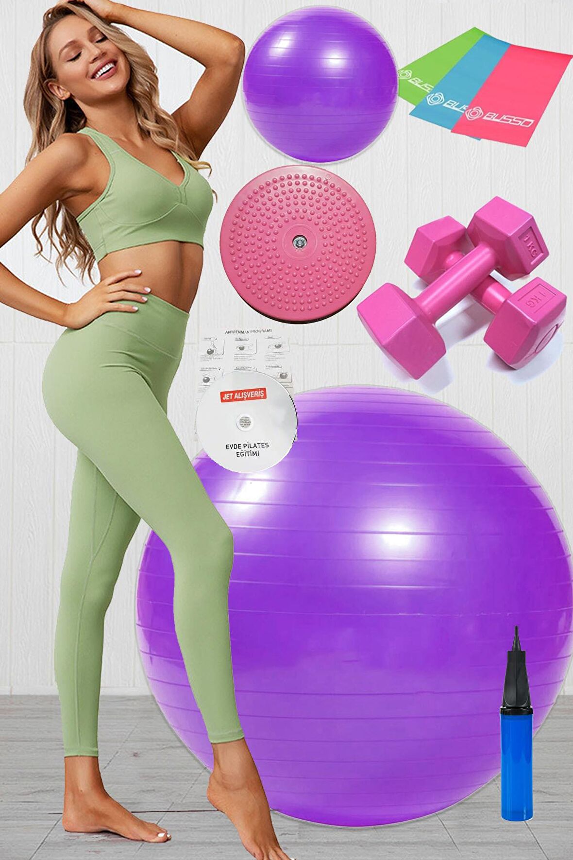 10 Lu Pilates Topu Seti Takımı 3 Lü Pilates Bandı Lastiği 1 Kg Dambıl Twister Disk Set Mor