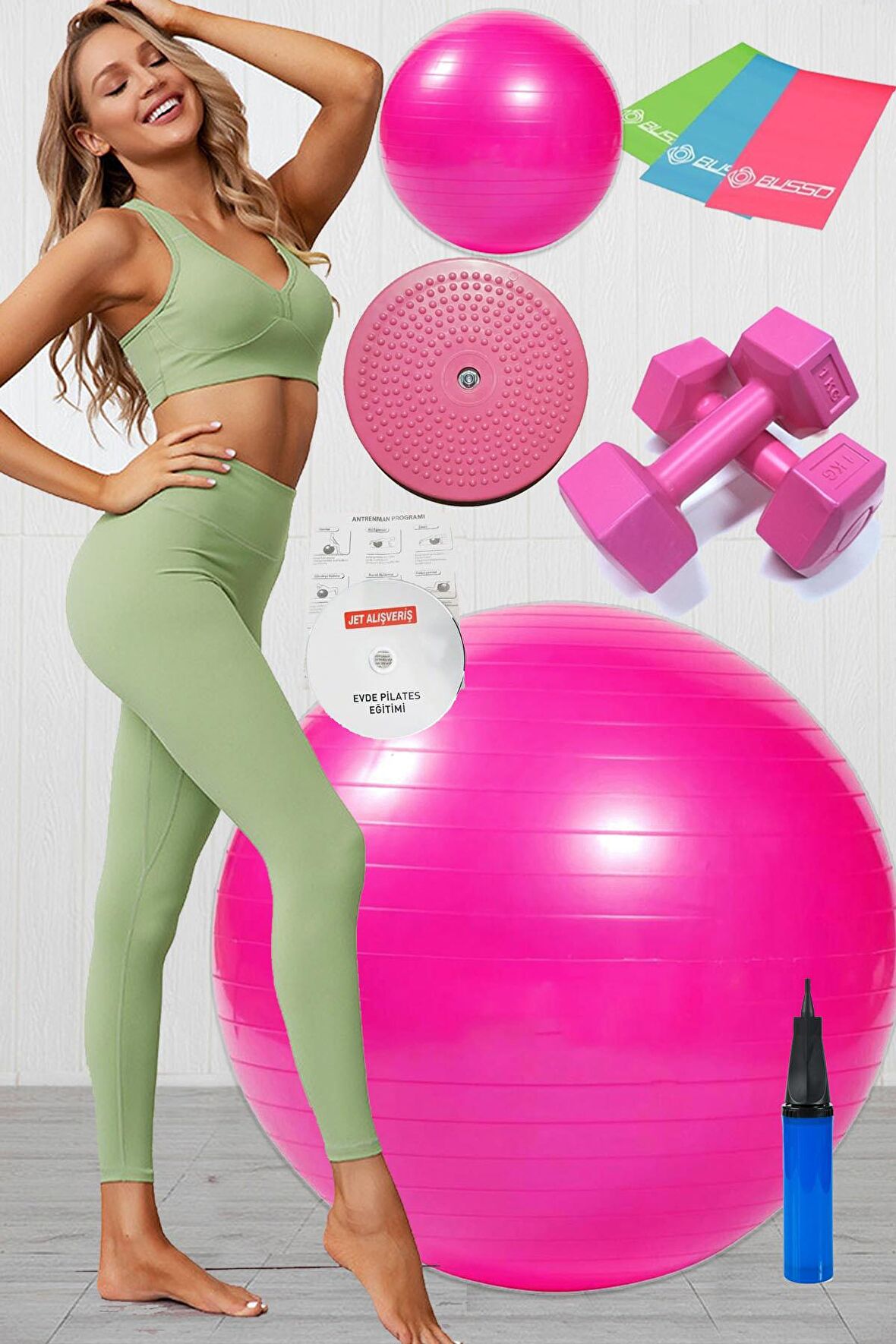 10 Lu Pilates Topu Seti Takımı 3 Lü Pilates Bandı Lastiği 1 Kg Dambıl Twister Disk Set Pembe