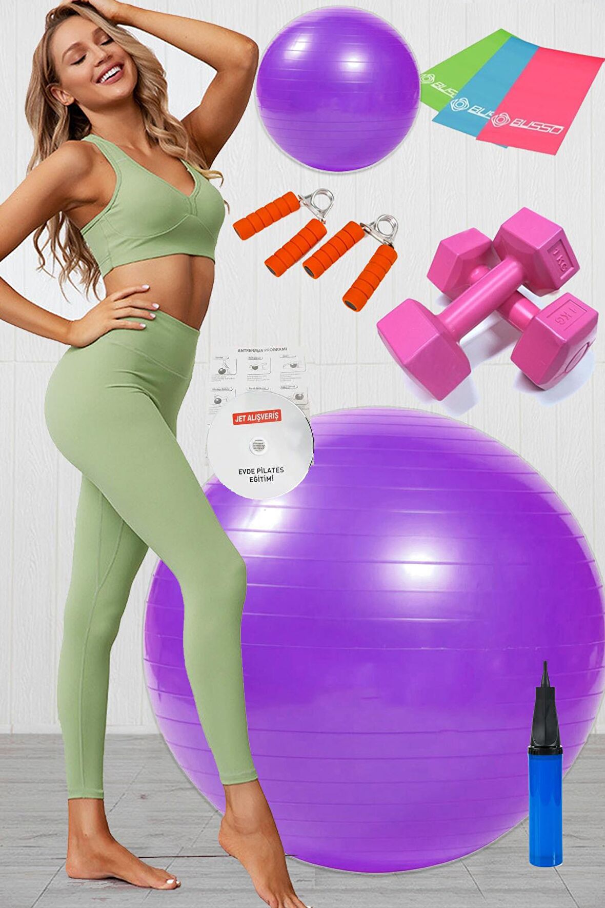 10 Lu Pilates Topu Seti Takımı 3 Lü Pilates Bandı Lastiği 1 Kg Dambıl El Yayı Set Mor