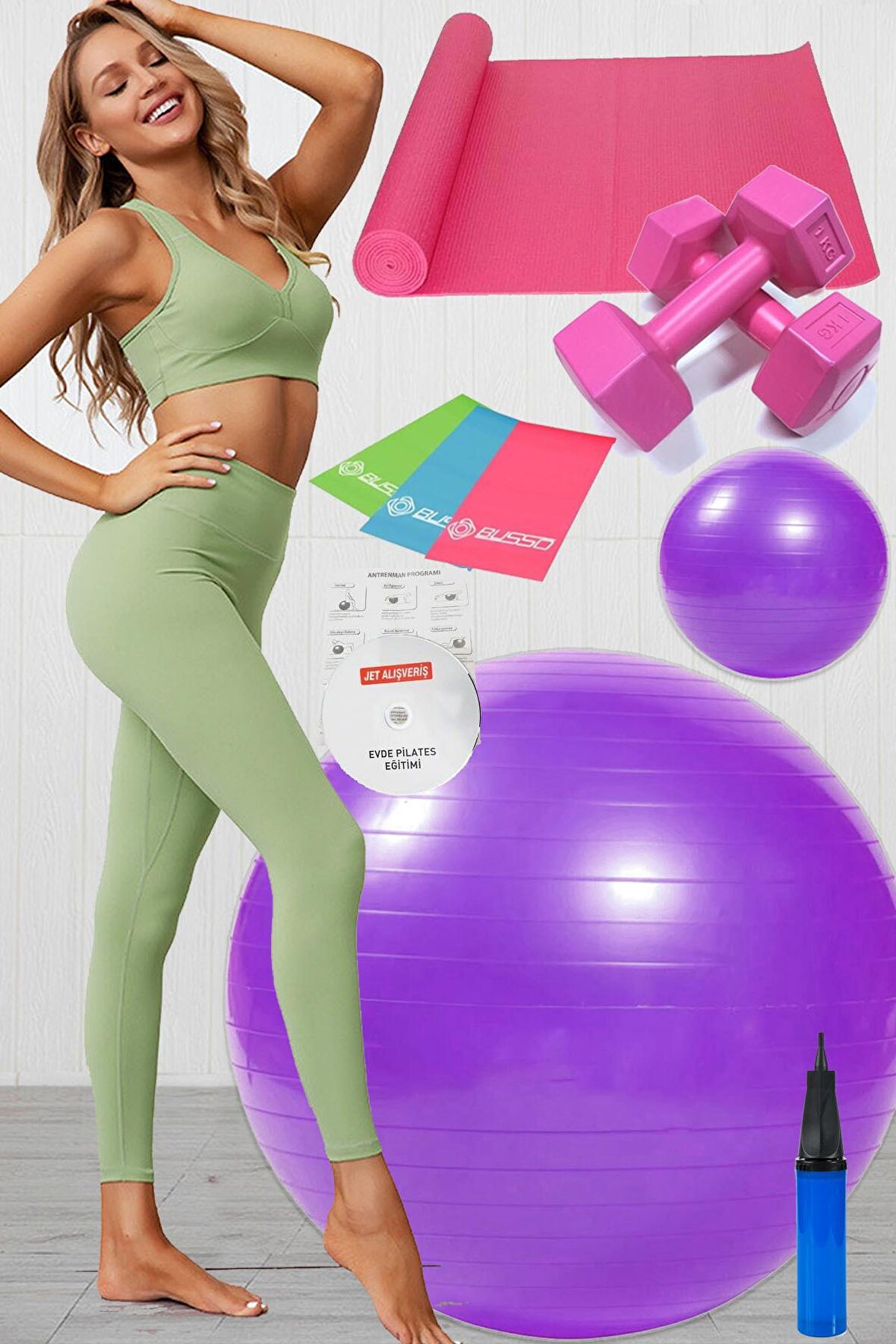 10 Lu Pilates Topu Seti Takımı 3 Lü Pilates Bandı Lastiği 1 Kg Dambıl, Pilates Minderi Mat Mor