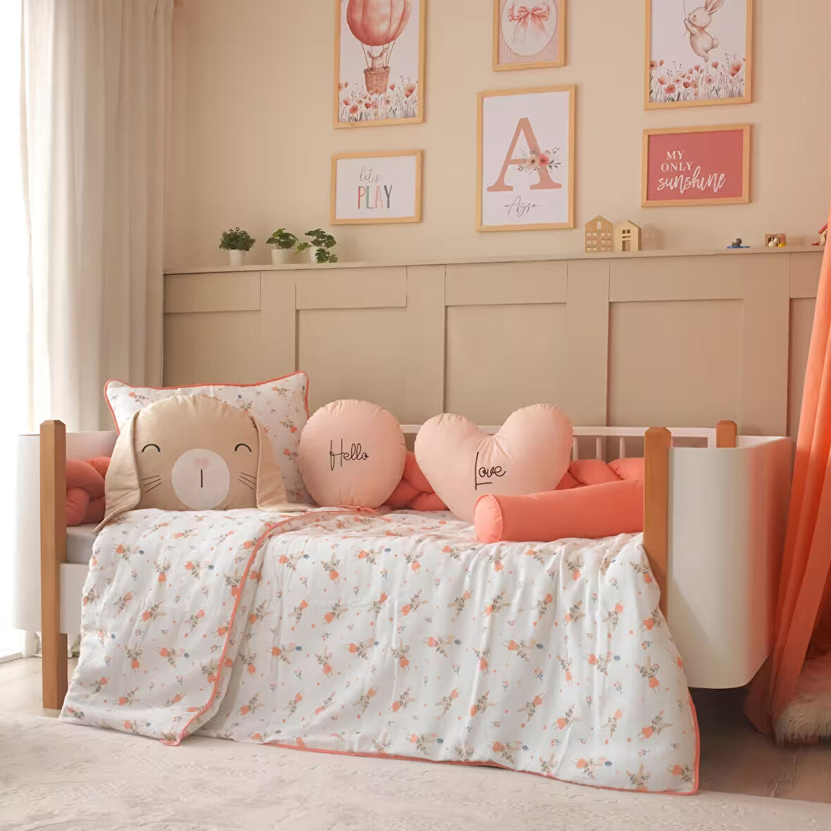 Rabbit %100 Pamuk Müslin Montessori Uyku Seti – Kalpli ve Tavşanlı Yastıklarla - Bebek ve Çocuk Odası için