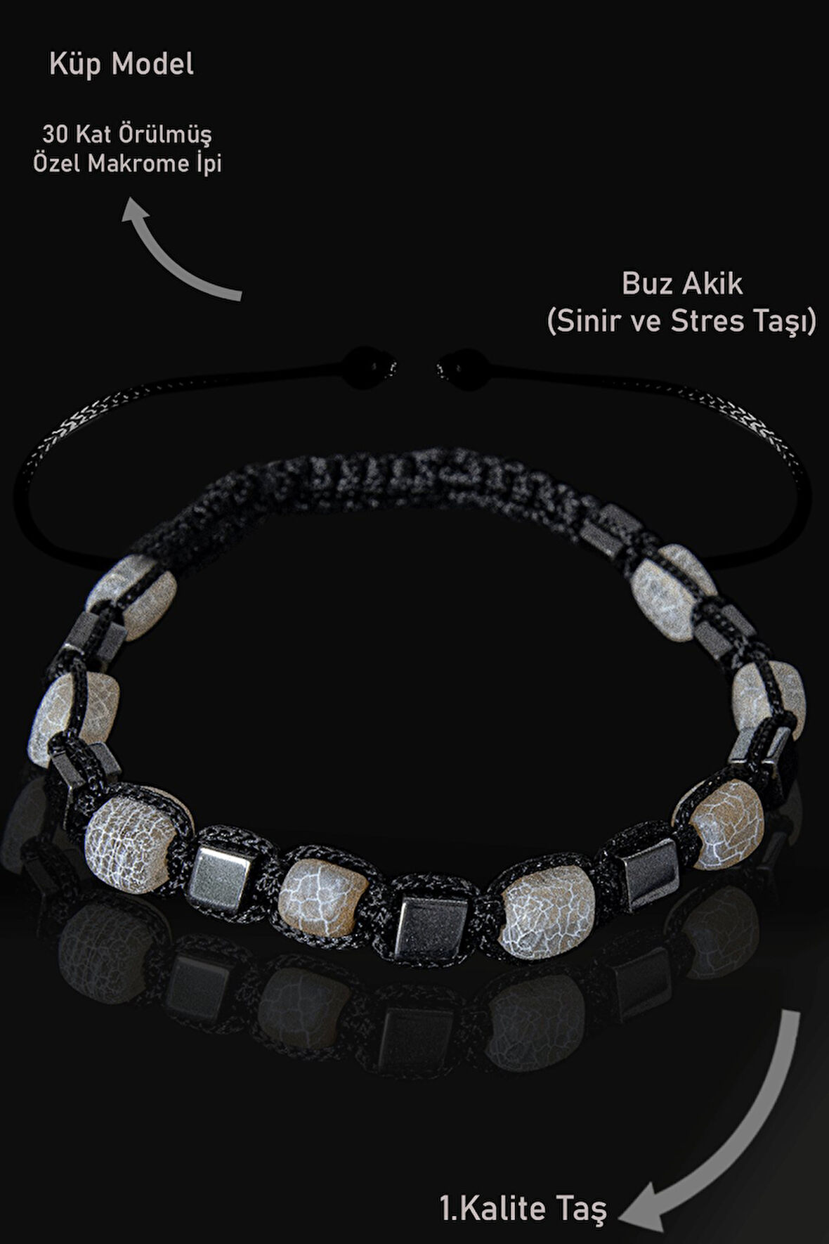 Sertifikalı Küp Model Terahertz - Gri Akik Taşı Bileklik - Ayarlamalı