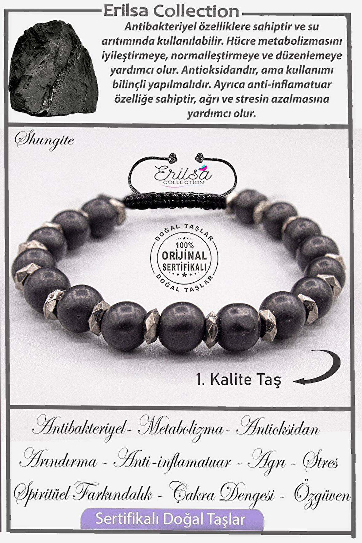 Sertifikalı AAA+ Kalite Gerçek Terahertz - Şungit (Shungite) Taşı Bileklik