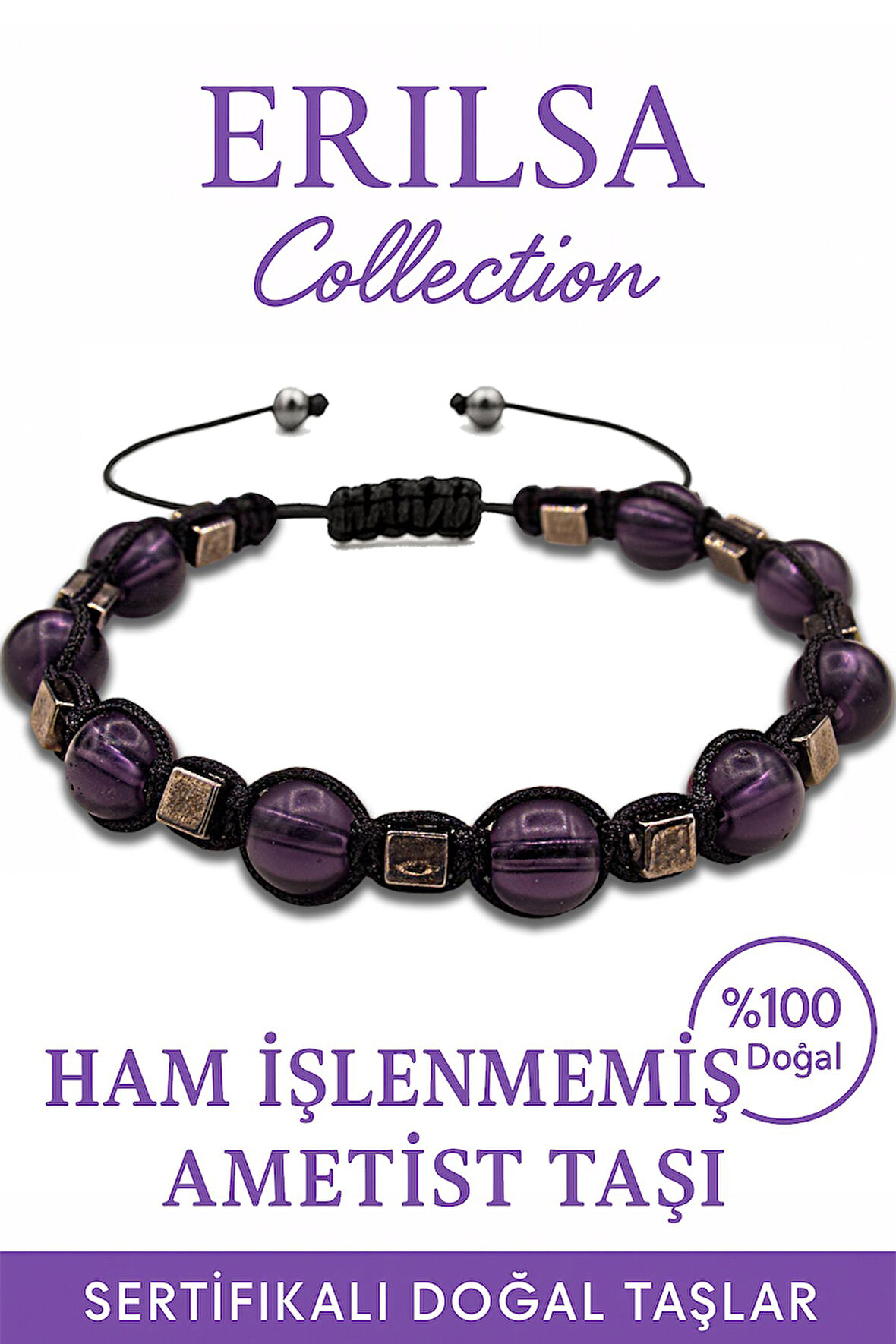 Sertifikalı Ham İşlenmemiş Terahertz – Ametist Taşı Bileklik – Sakinlik ve Şifa Enerjisi