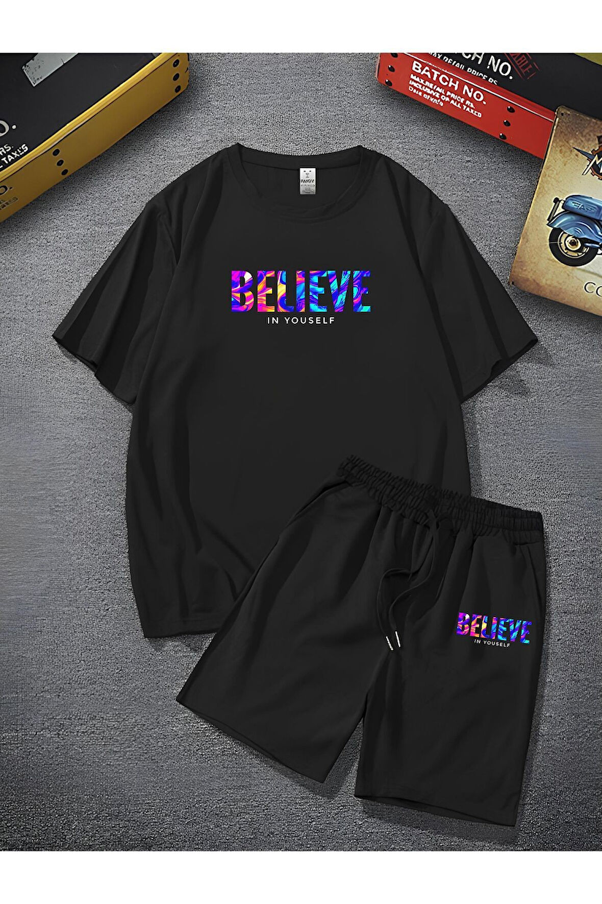 Unisex Believe Baskılı Oversize Bol Kalıp T-shirt Şortlu - Alt Üst Ikili Takım