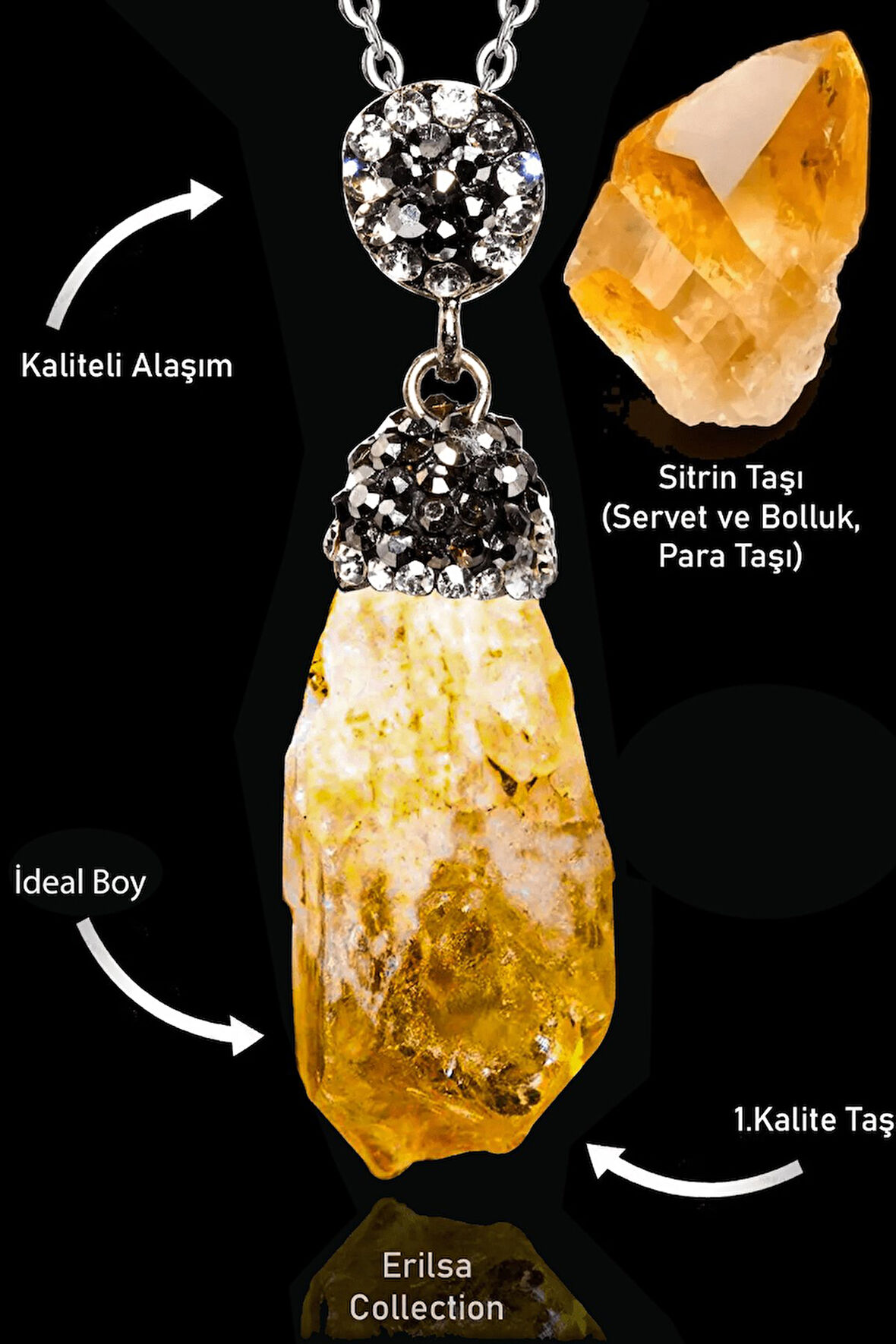 Sertifikalı Zirkon Taşlı Ham İşlenmemiş Sitrin Taşı Kolye