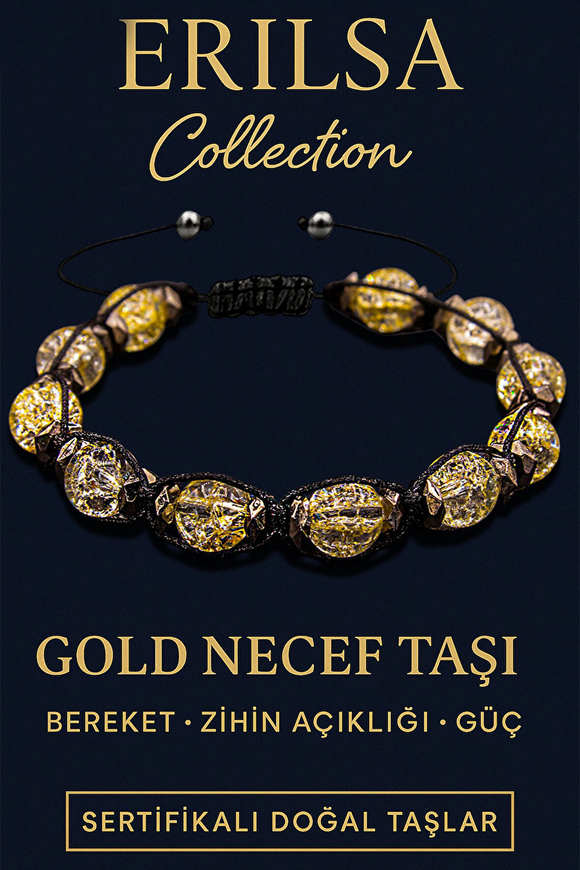 Sertifikalı Terahertz & Gold Sarı Necef Taşı Bileklik – Işık, Özgüven ve Koruma Enerjisi