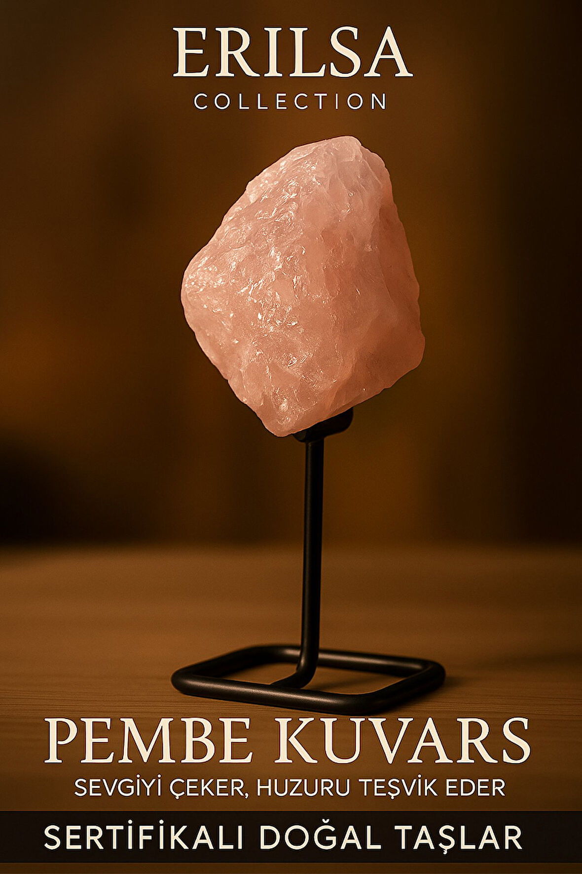 Sertifikalı Doğal Ham Pembe Kuvars Taşı Standlı Obje – Sevgi, Şefkat ve Kalp Şifası Taşı