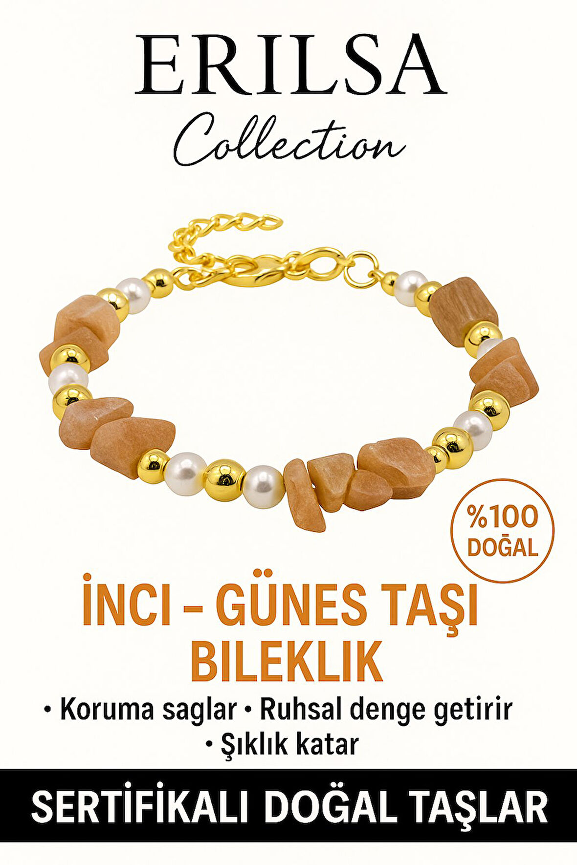 Sertifikalı İnci ve Güneş Taşı Bileklik – Canlılık ve Koruma