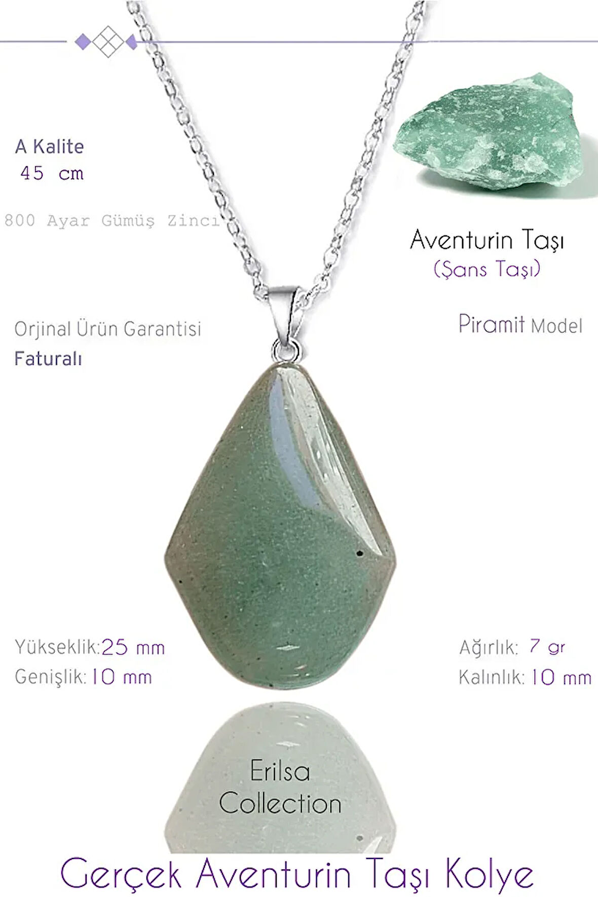 Sertifikalı Piramit Model Gerçek Aventurin Taşı Kolye
