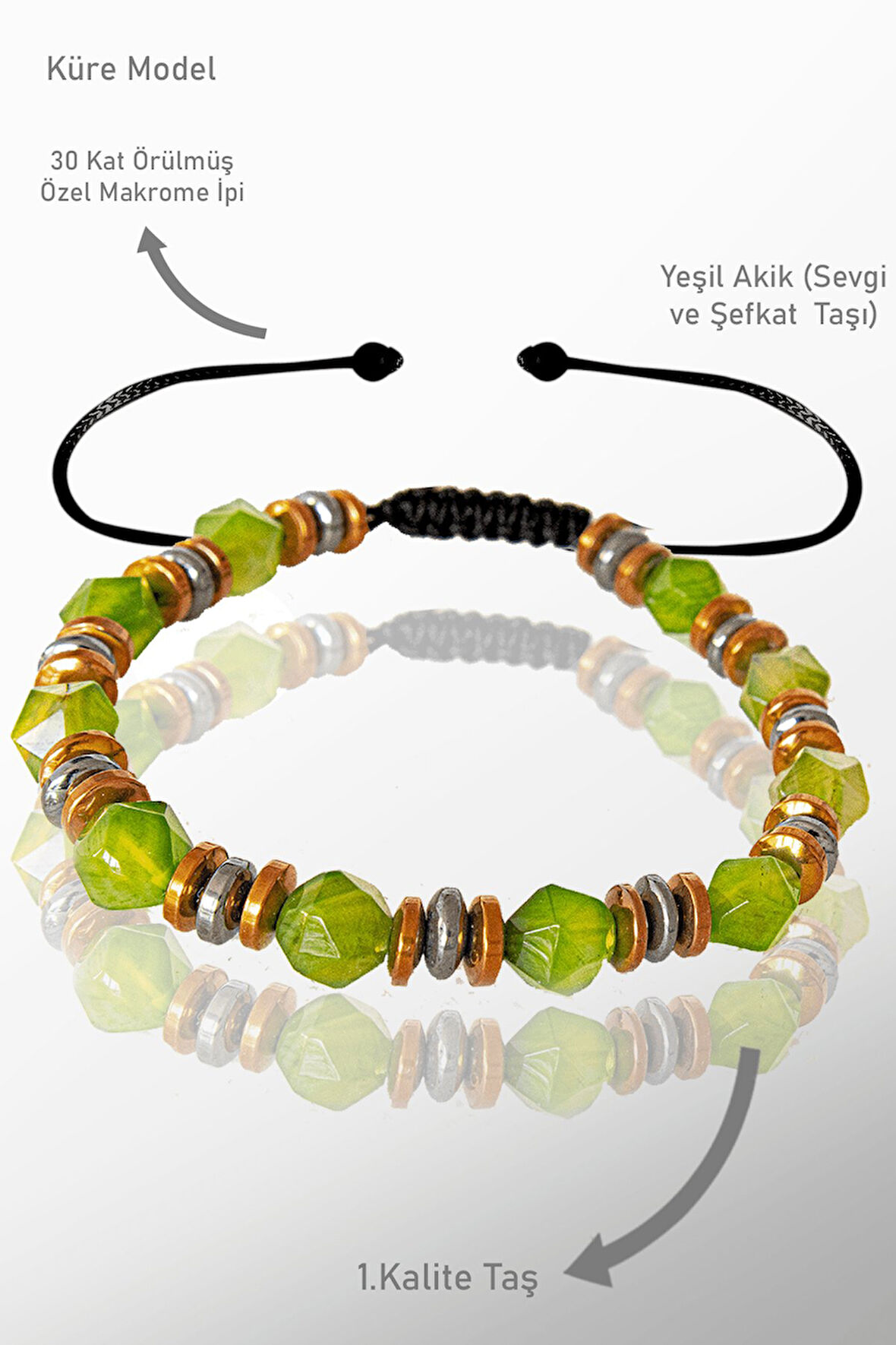 Sertifikalı AAA+ Elmas Kesim Terahertz - Yeşil Akik Taşı Bileklik - Ayarlamalı