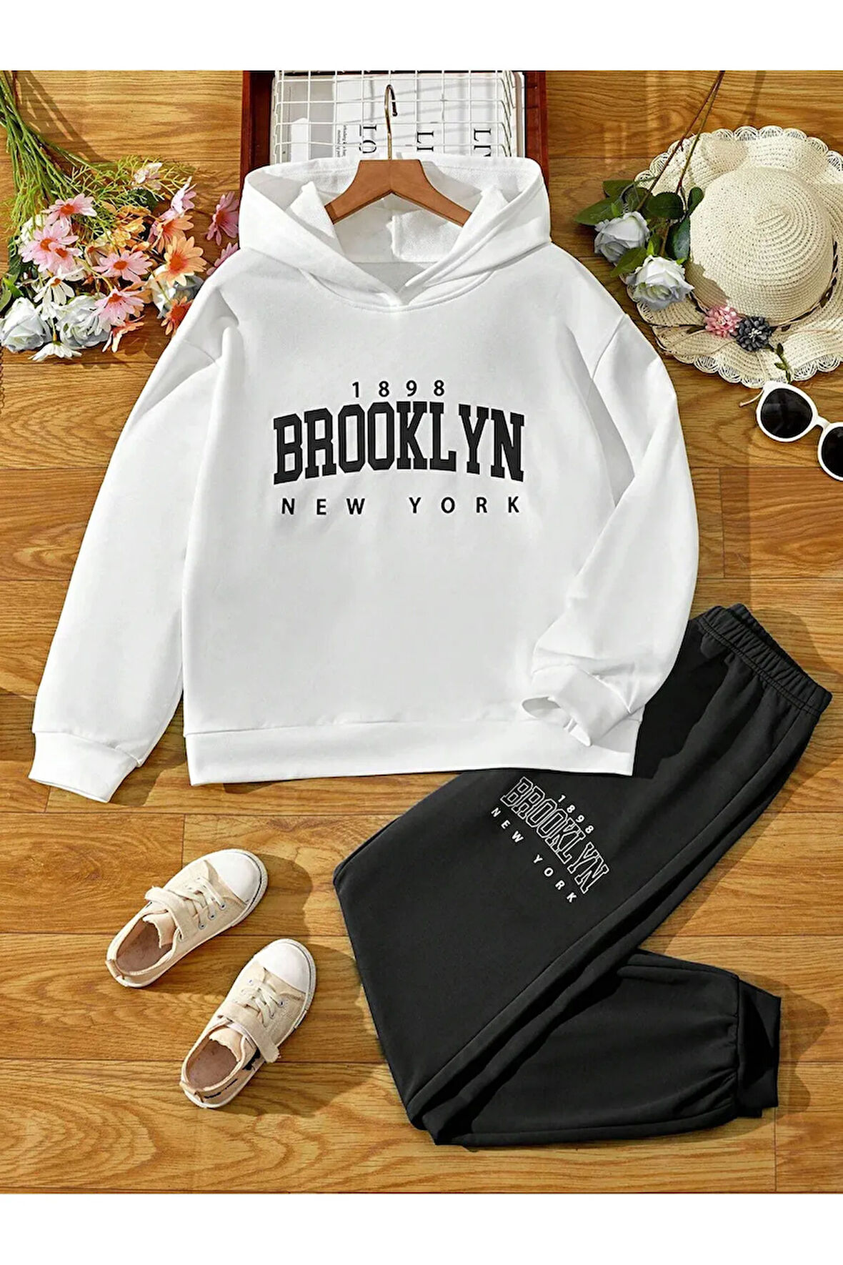 çocuk brooklynl baskılı kapşonlu eşofman takımı