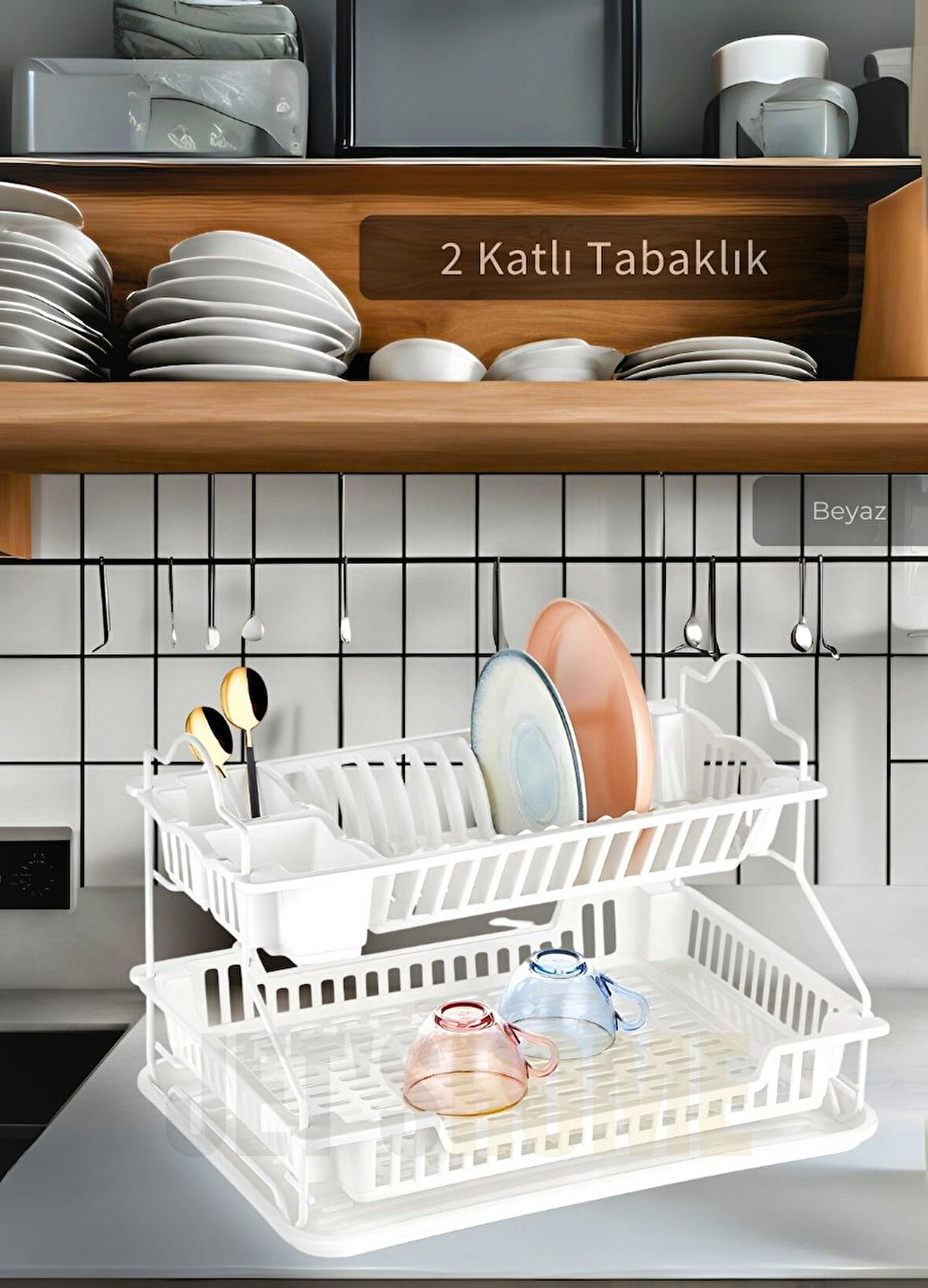 2 Katlı Bulaşıklık Paslanmaz Tezgah Üstü Tabaklık BPA FREE Bulaşık Sepeti Kurutmalık Beyaz