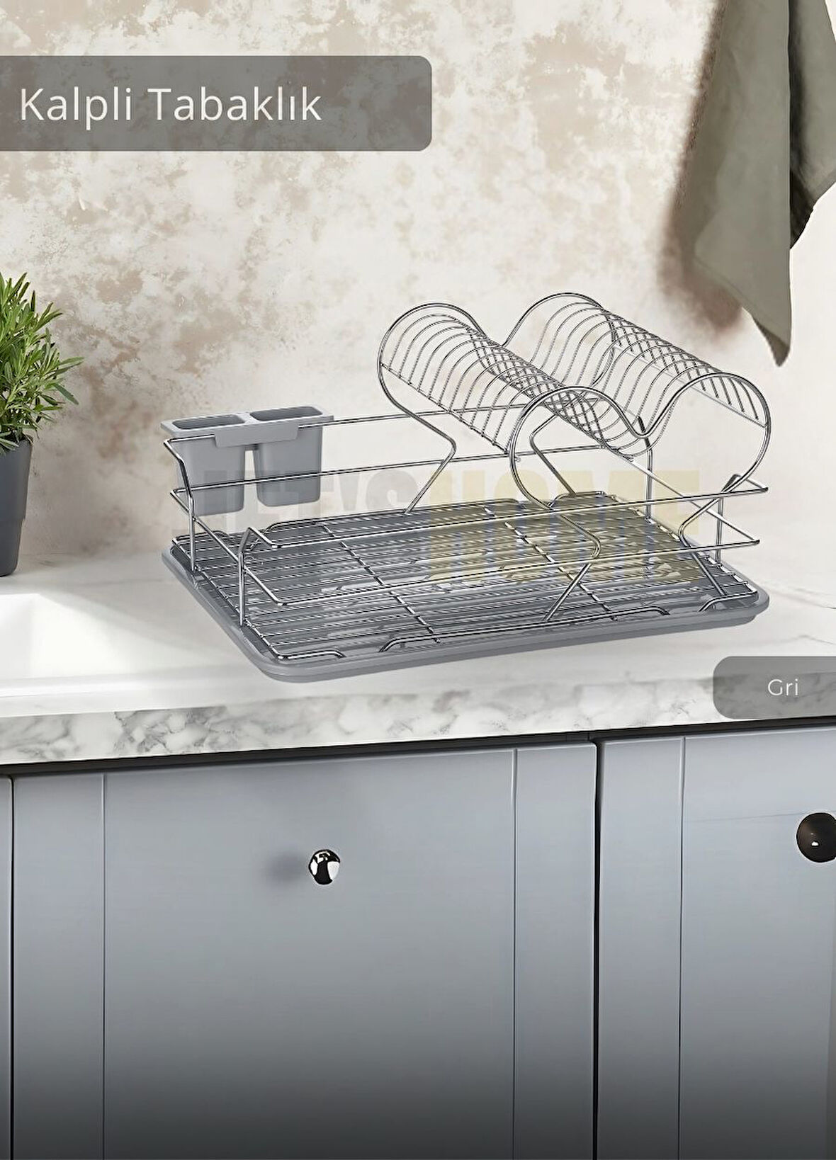 2 Katlı Bulaşıklık Tezgah Üstü Tabaklık BPA FREE Bulaşık Sepeti Kalpli Gri