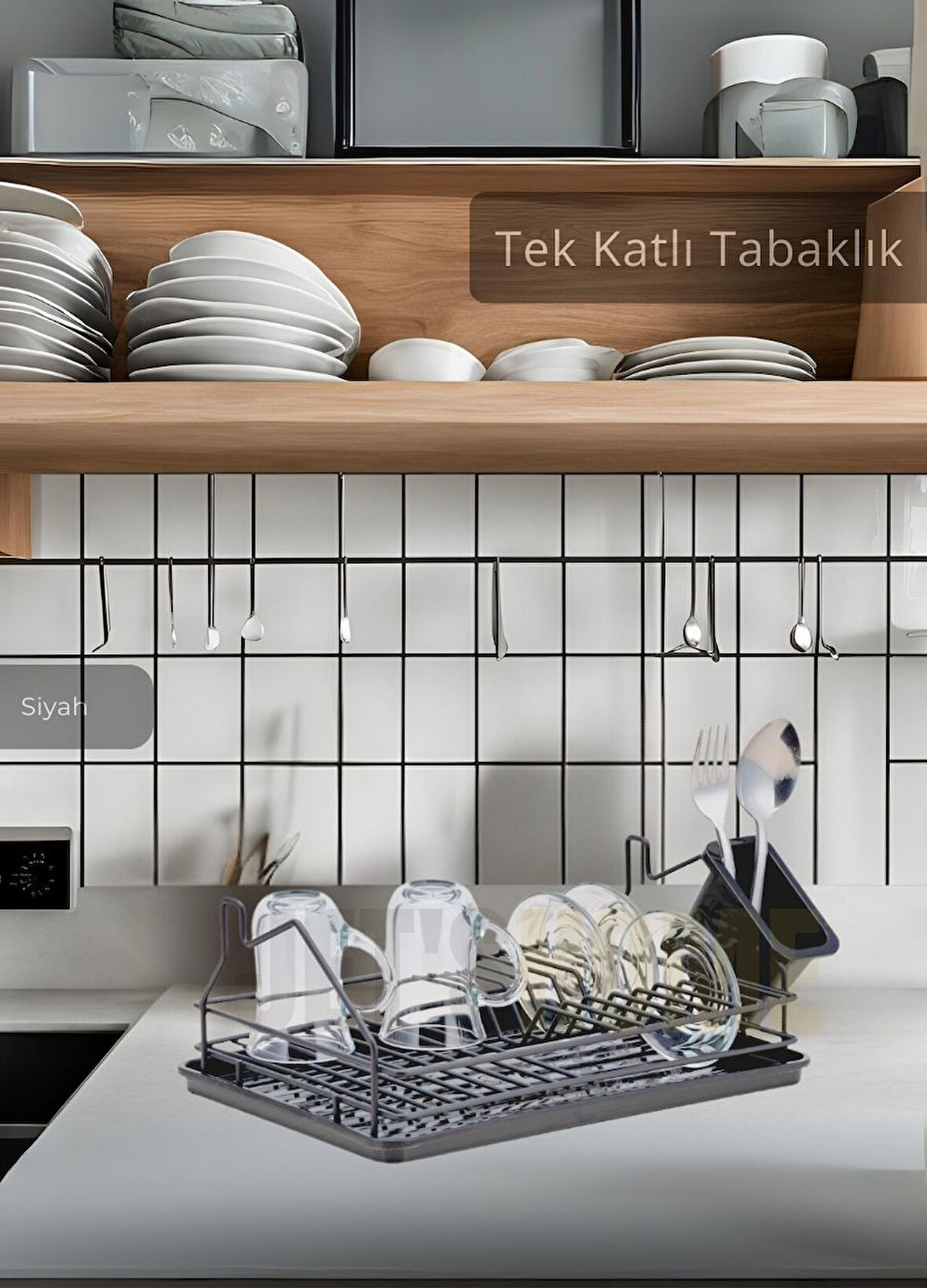 Tek Katlı Bulaşıklık Tezgah Üstü Tabaklık BPA FREE Bulaşık Sepeti Siyah