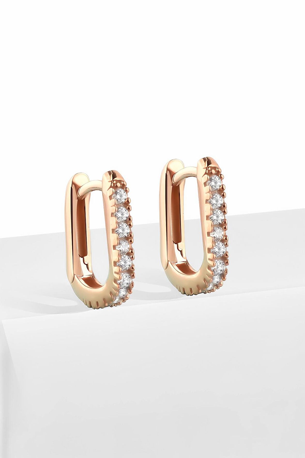 Gümüş 1.4 cm Zirkon Taşlı U Model Rose Küpe