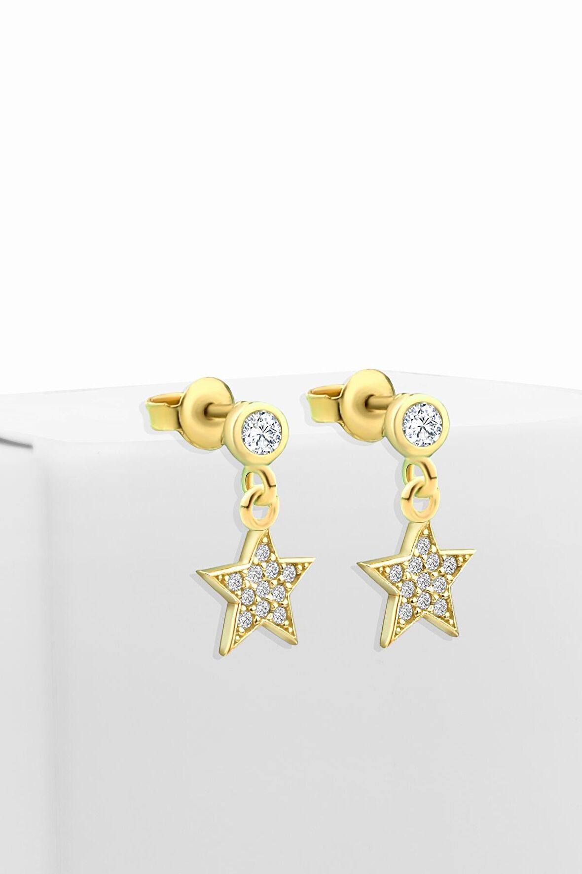 Gümüş zirkon taşlı çivili zirkon taşlı yıldız gold küpe