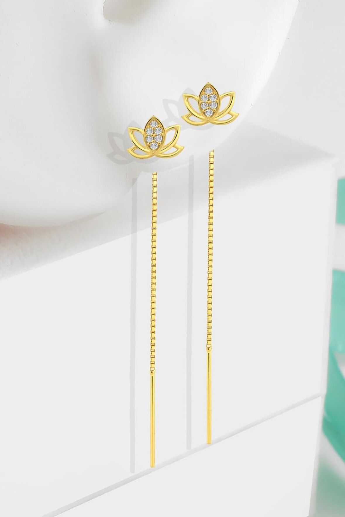 Gümüş zirkon taşlı lotus çiçeği zincirli gold küpe
