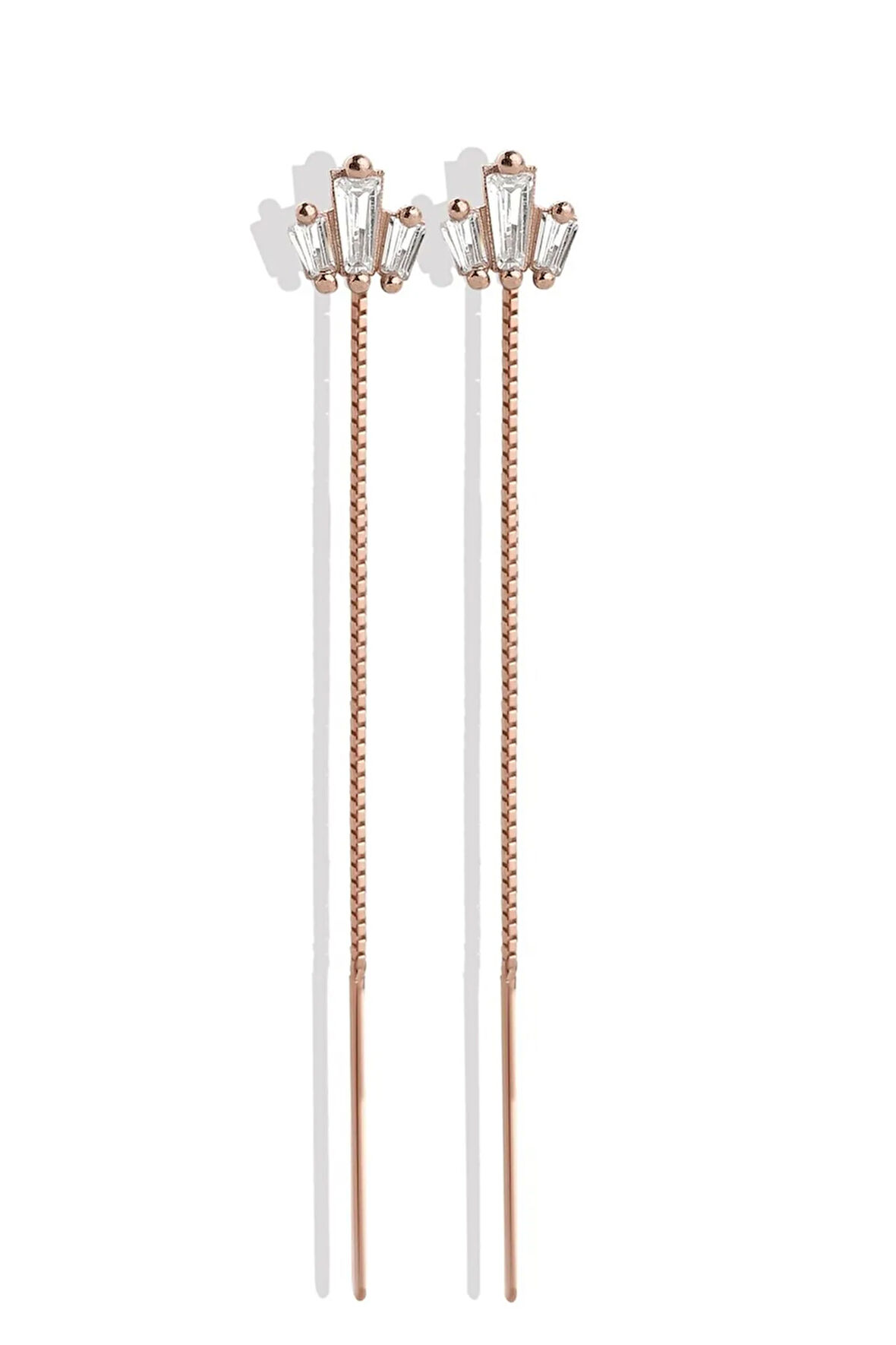 Gümüş 925 Ayar 7 Cm Trapez Zirkon Taşlı Zincirli Rose Küpe