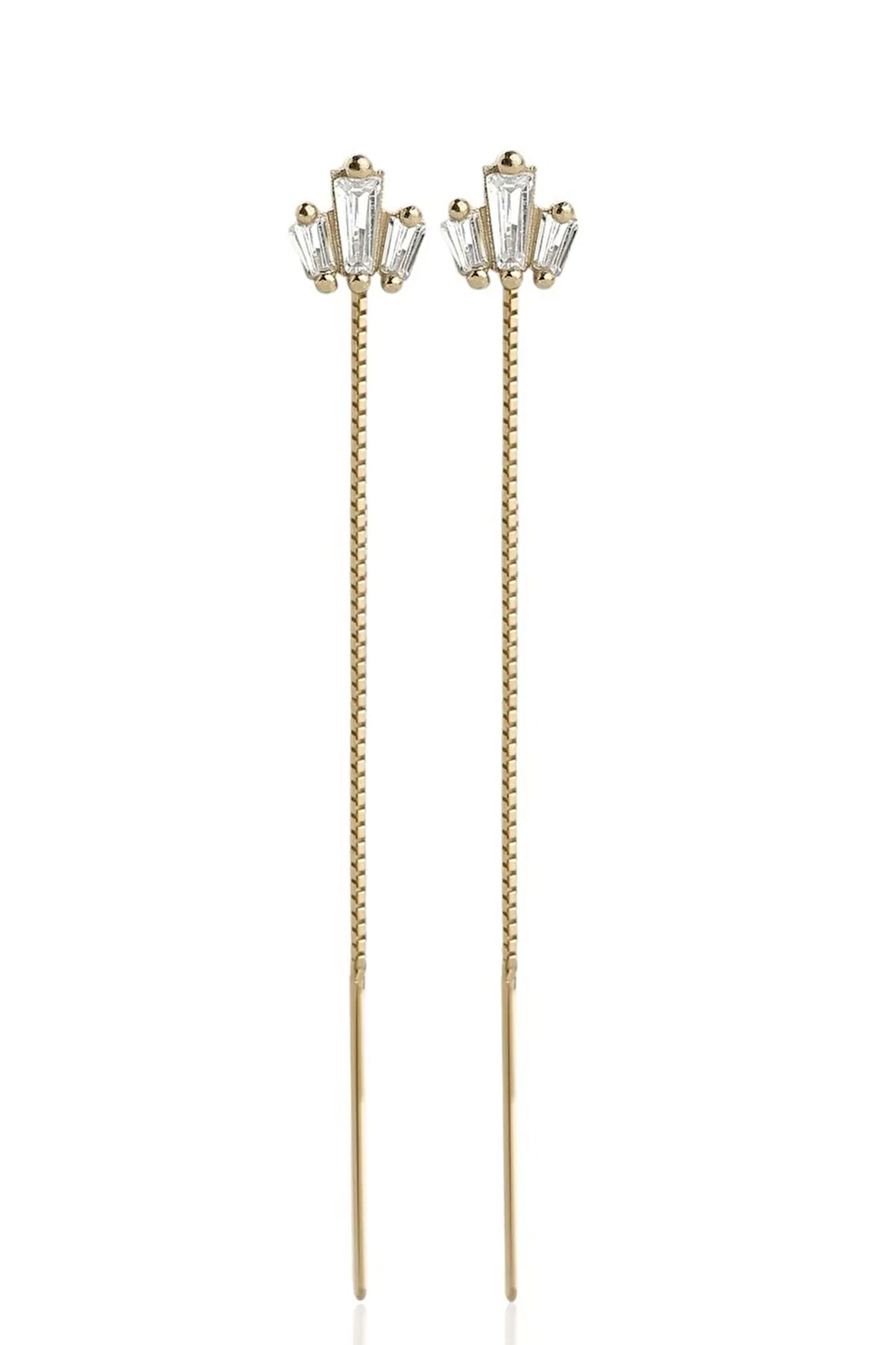 Gümüş 925 Ayar 7 Cm Trapez Zirkon Taşlı Zincirli Gold Küpe