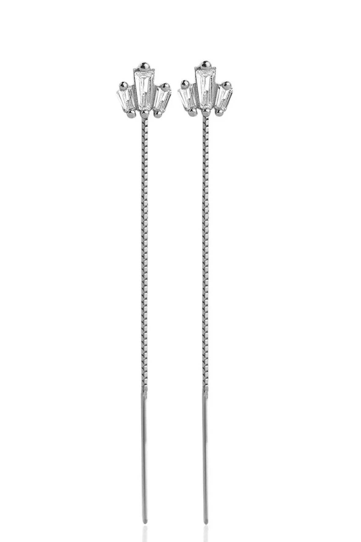 Gümüş 925 Ayar 7 Cm Trapez Zirkon Taşlı Zincirli Küpe