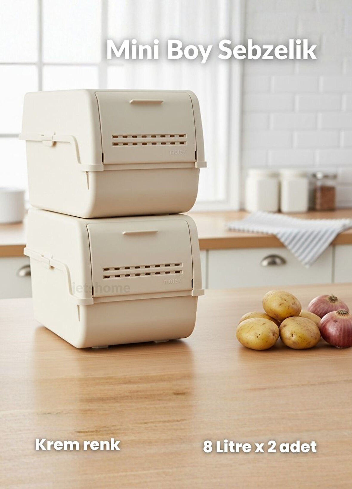 2'li Mini Boy Patates Soğan Sepeti BPA Free Sebzelik Organizer Kutu Motek Krem 8 L