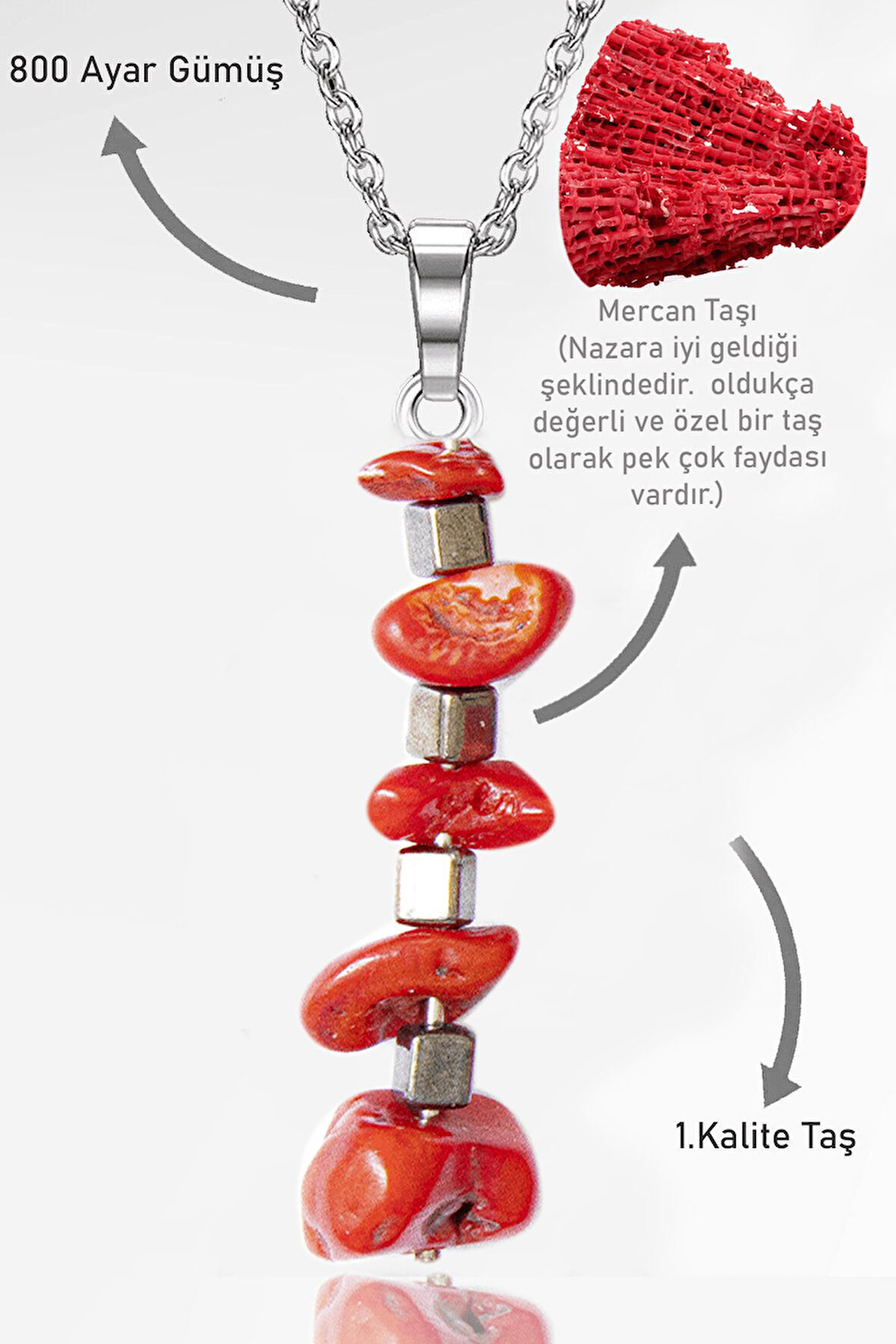 Sertifikalı Kırık Taşlı Model Kırmızı Mercan Taşı Kolye