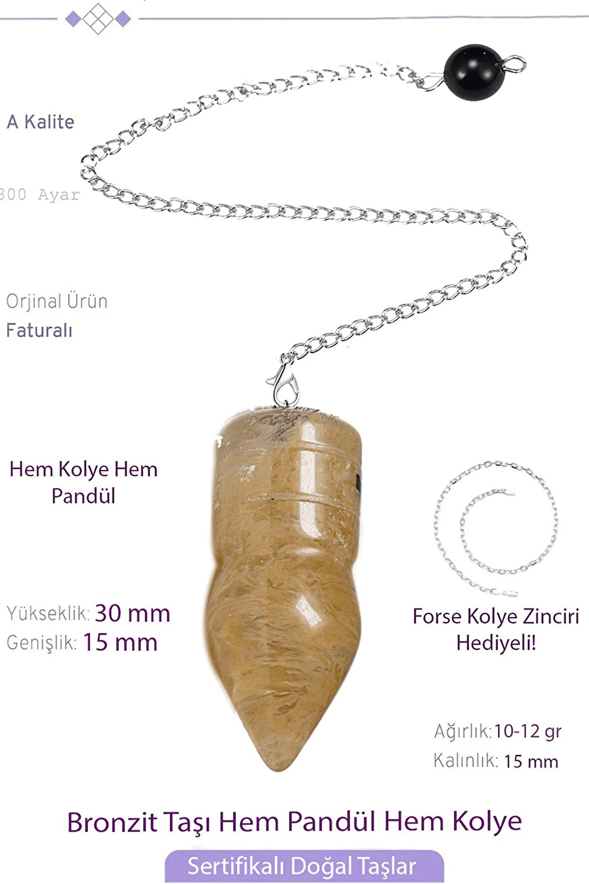 Sertifikalı Bronzit Taşı Pandül Sarkaç Hem Pandül - Hem Kolye