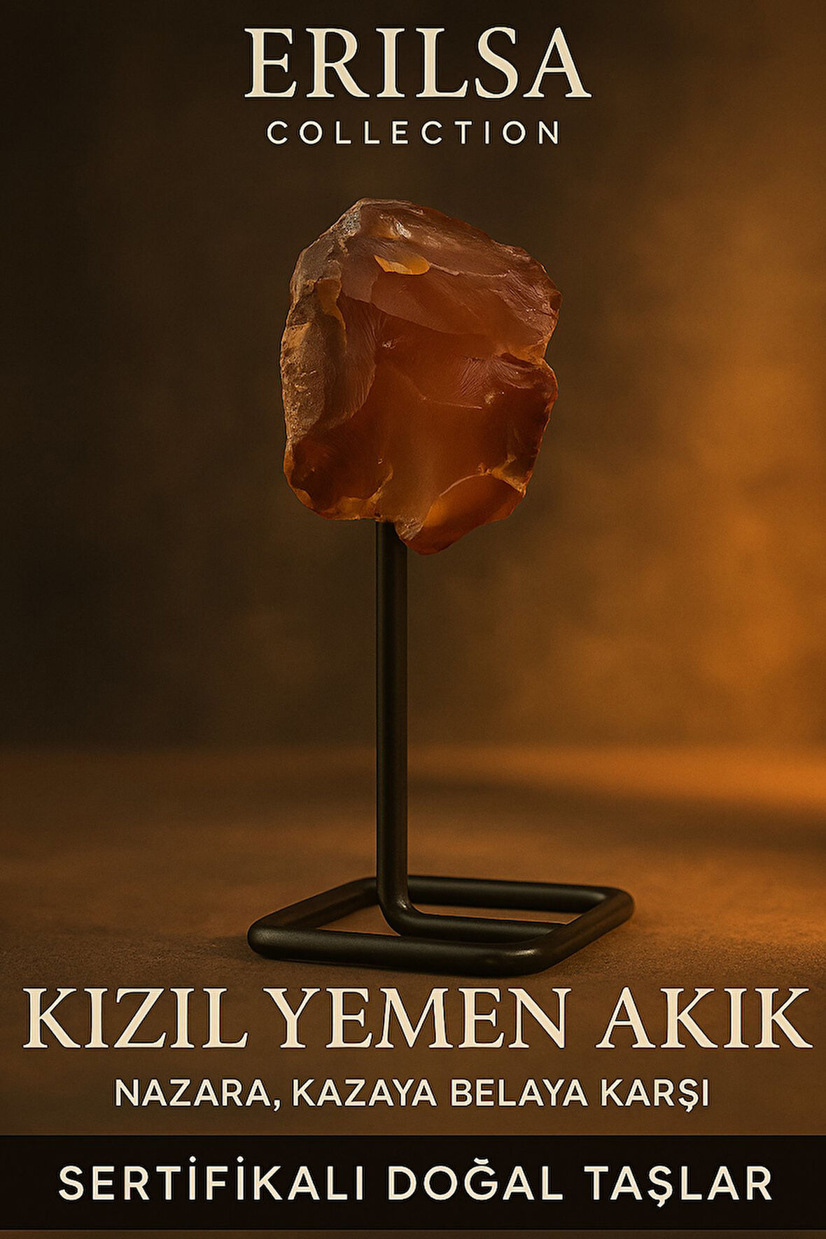 Sertifikalı Doğal Ham Kızıl Yemen Akiği Taşı Standlı Obje – Güç, Koruma ve Yaşam Enerjisi