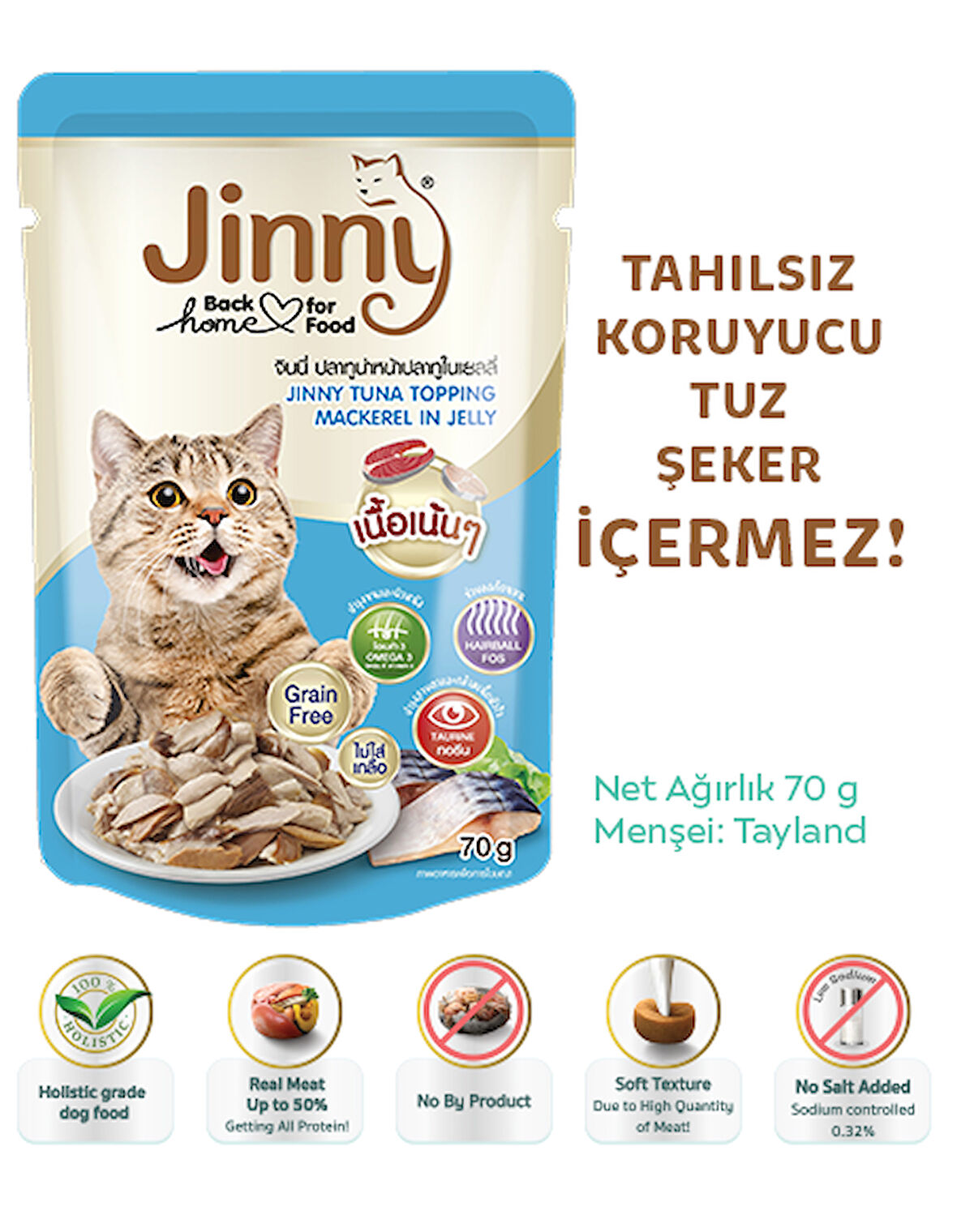 Petlovebutik Jinny Ton Balığı Ve Uskumrulu 70gr Tahılsız Hipoalerjenik Yaş Kedi Maması 