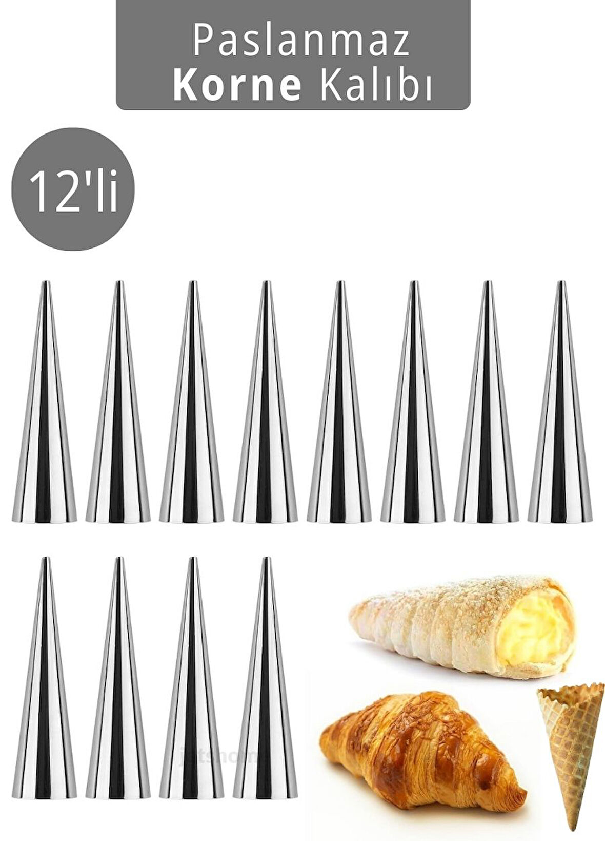 12'li Korne Kalıbı Torpil Huni Tatlı Kalıbı Pasta Kurabiye Profiterol Milföy Süsleme Aparatı 12 cm
