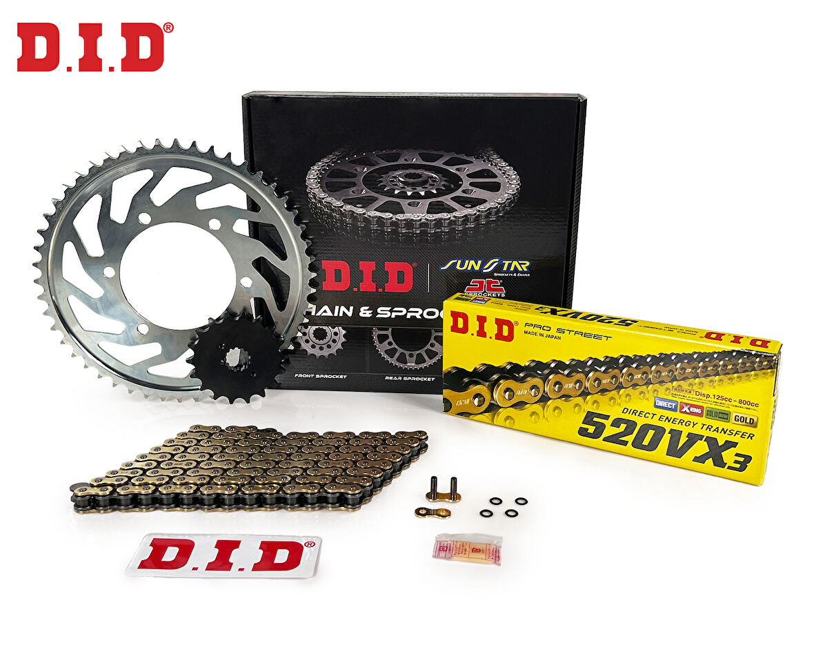 ZİNCİR DİŞLİ SETİ HONDA CBR 250R (250 cc)  (2010-2013) / HONDA / CBR 250R / 250cc / ZİNCİR: DID-520VX3 (Gold)-108 / ÖN DİŞLİ: JT (14T)  / ARKA DİŞLİ: SUNSTAR (38T) / 2010-2011-2012-2013