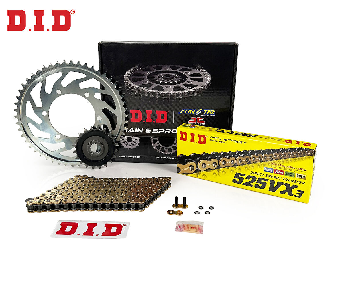 ZİNCİR DİŞLİ SETİ HONDA XL V TRANSALP ABS (700 cc)  (2008-2011) / HONDA / XL V TRANSALP ABS / 700cc / ZİNCİR: DID-525VX3 (Gold)-118 / ÖN DİŞLİ: JT (15T)  / ARKA DİŞLİ: SUNSTAR (47T) / 2008-2009-2010-2011