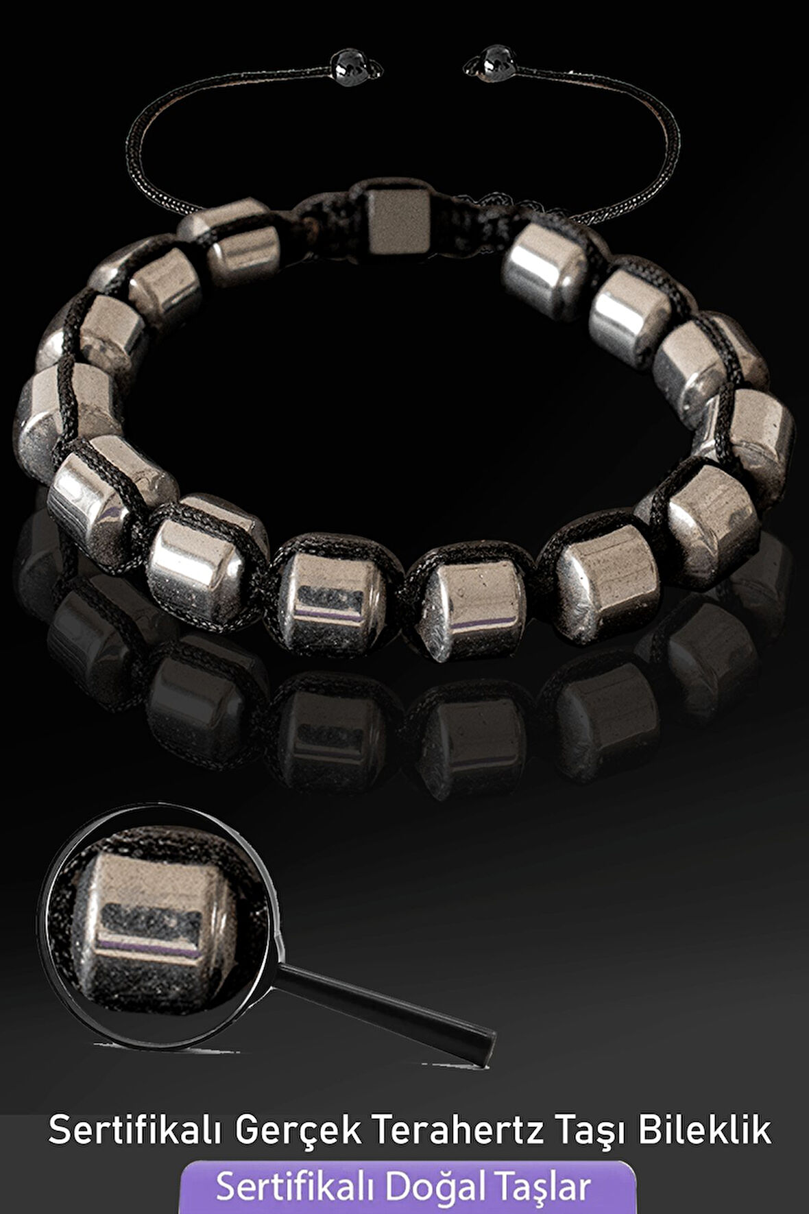 Sertifikalı Fıçı Kesim Fasetli Terahertz Taşı Bileklik - Titreşim Taşı