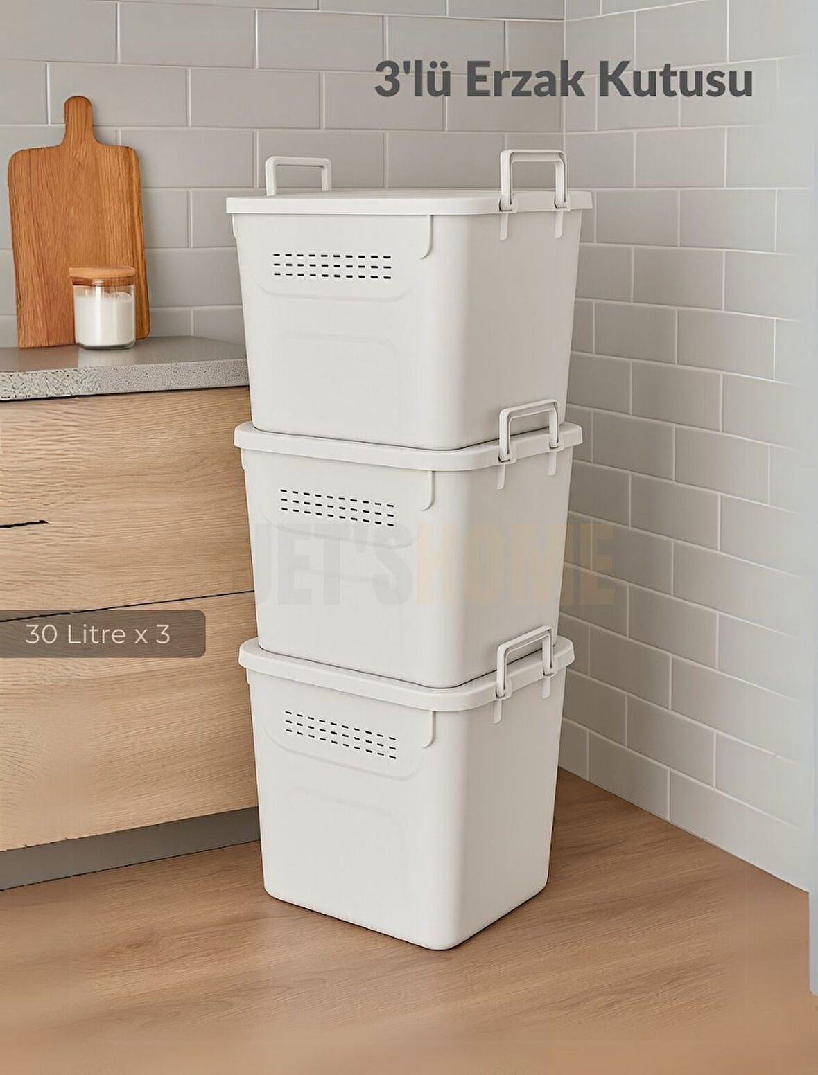 3’lü Set Soğanlık Sepet Havalandırmalı Erzak Kutusu Bpa Free Sebzelik Saklama Kutusu Beyaz 90 Lt
