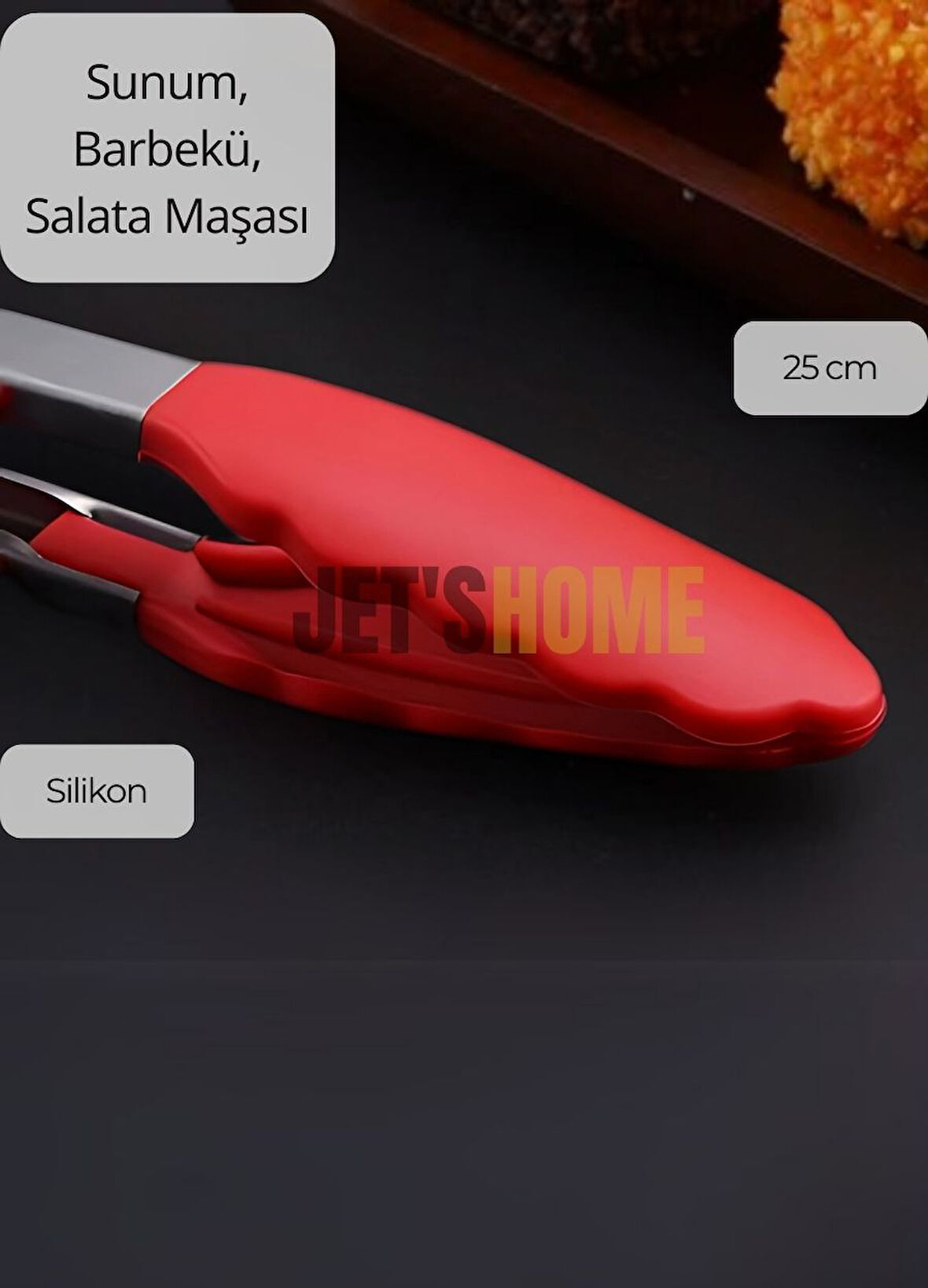 Sunum Maşası Barbekü Maşası Mangal Maşa Silikon Salata Maşası Kırmızı 25 cm