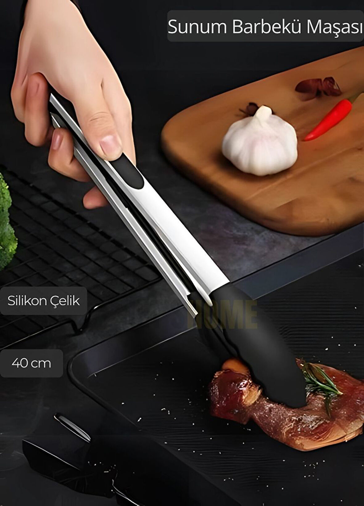 Sunum Maşası Barbekü Maşası Mangal Maşa Silikon Salata Maşası Siyah 40 cm