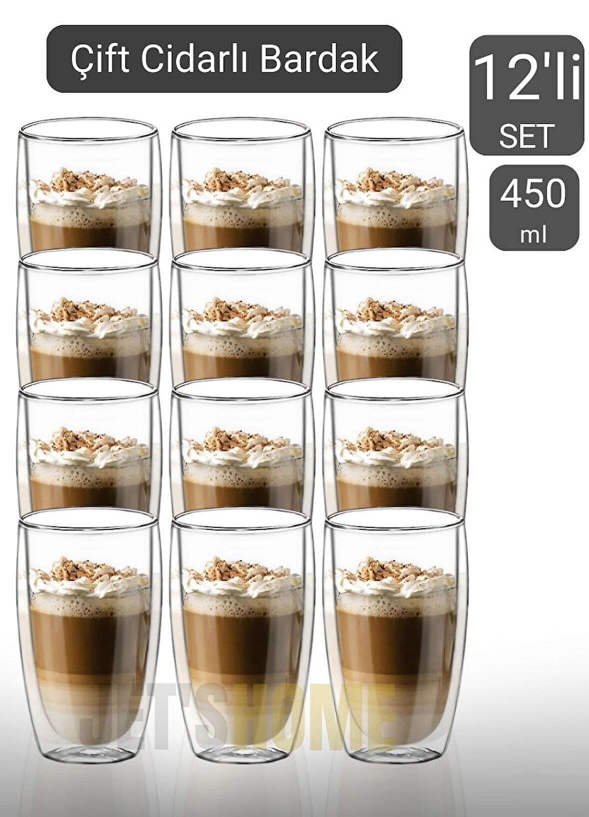 12’li Set Büyük Latte Bardağı Cappuccino Bardağı Çift Cidarlı Bardak Americano Bardağı 450 ml