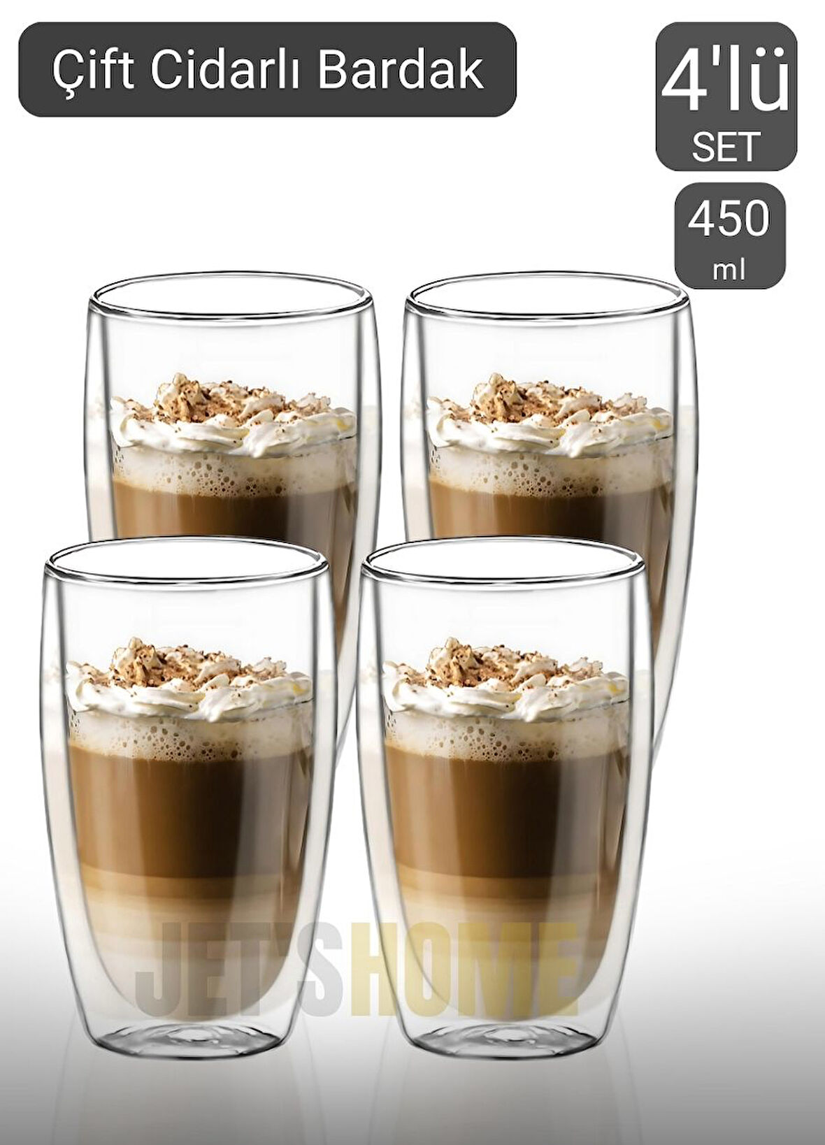 4’lü Set Büyük Latte Bardağı Cappuccino Bardağı Çift Cidarlı Bardak Americano Bardağı 450 ml