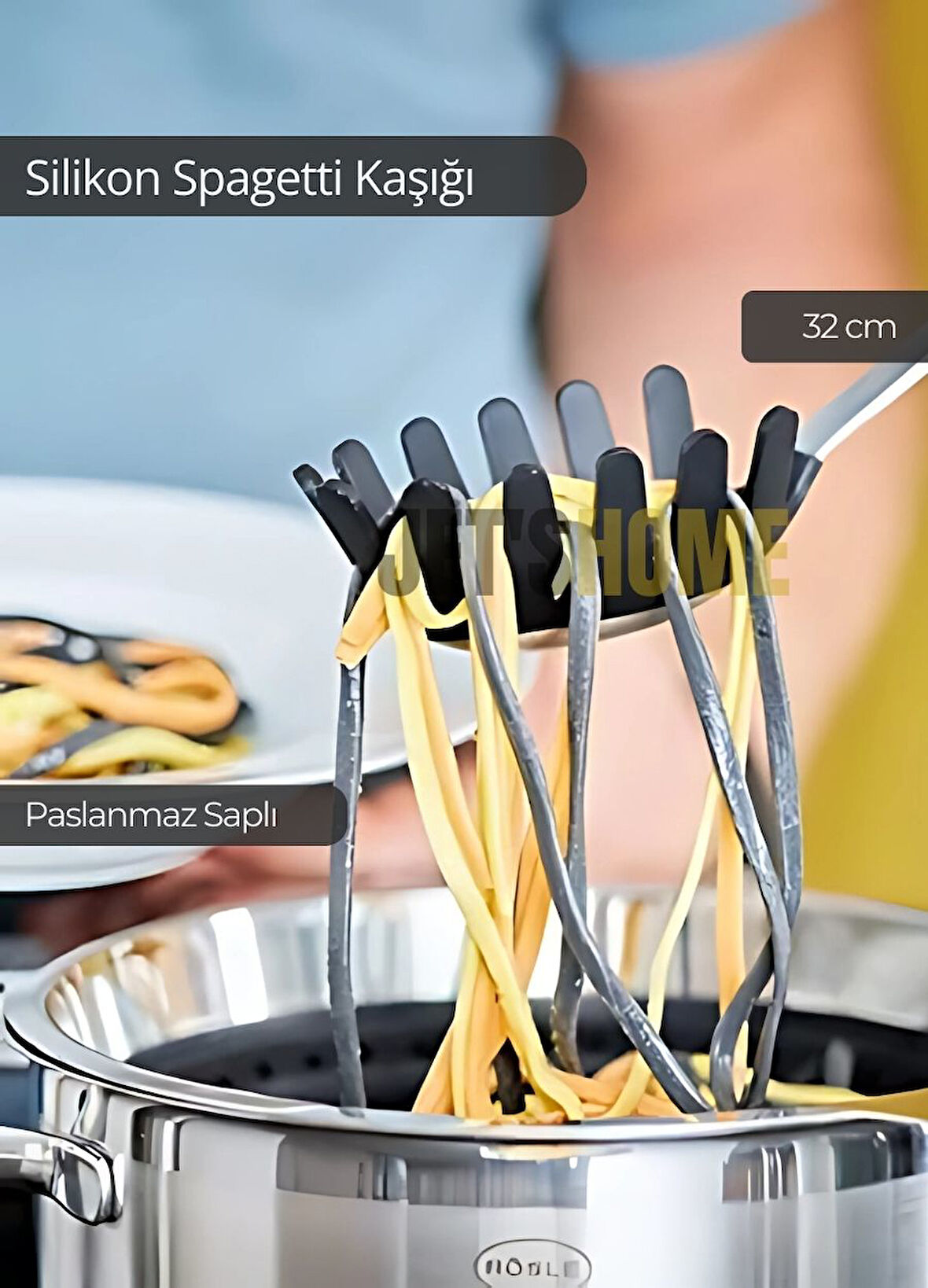 Silikon Spagetti Kaşığı Paslanmaz Çelik Saplı 32 cm