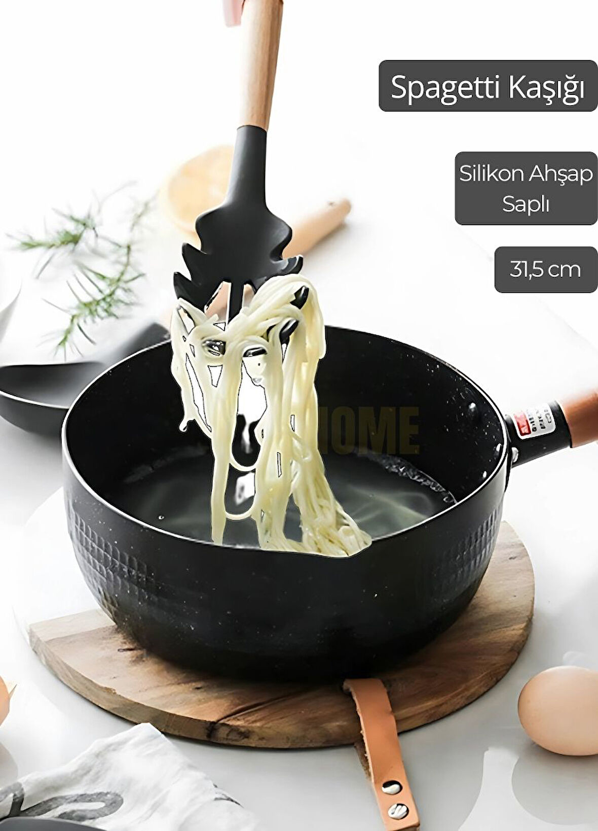 Silikon Spagetti Kaşığı Mutfak Kaşık Ahşap Saplı 31,5 cm