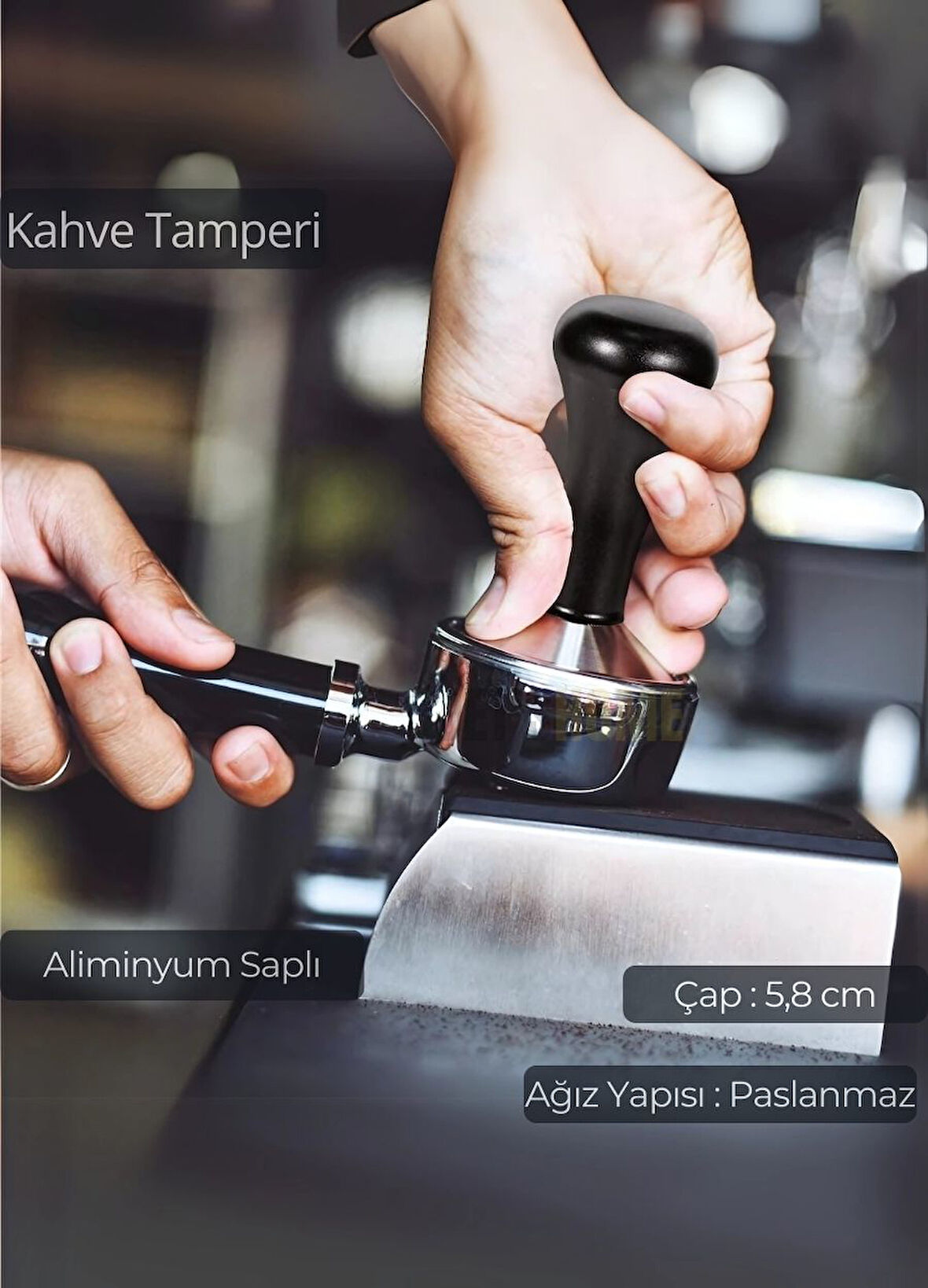 Tamper Aluminyum Saplı Paslanmaz Tabanlı Kahve Tamperi 58 mm