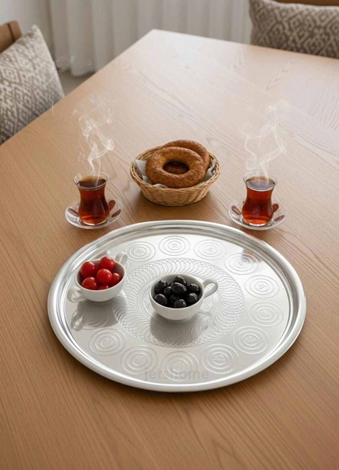 Yemek Sunum Tepsisi Paslanmaz  37 cm Çay Kahve Tepsisi Çelik Sini Geleneksel No:40