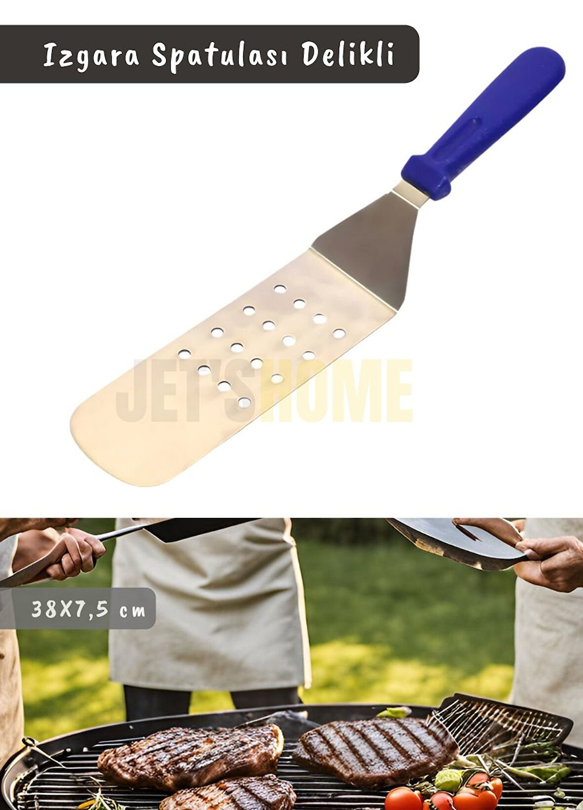 Barbekü Spatulası Paslanmaz Delikli Izgara Spatulası Çelik Hamburger Spatulası 38 cm