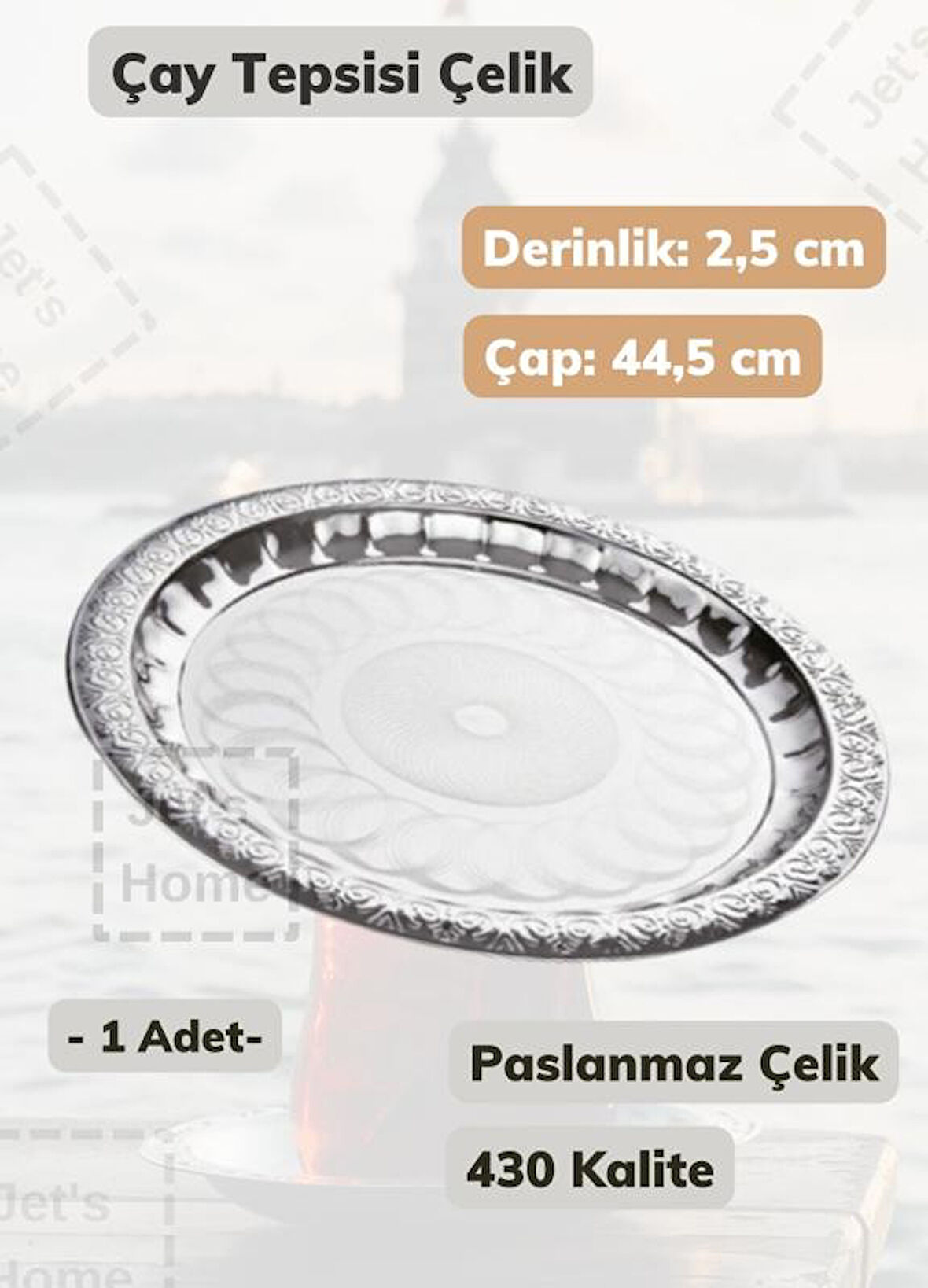 Çelik Çay Tepsisi 44,5 cm Paslanmaz Çelik Tepsi