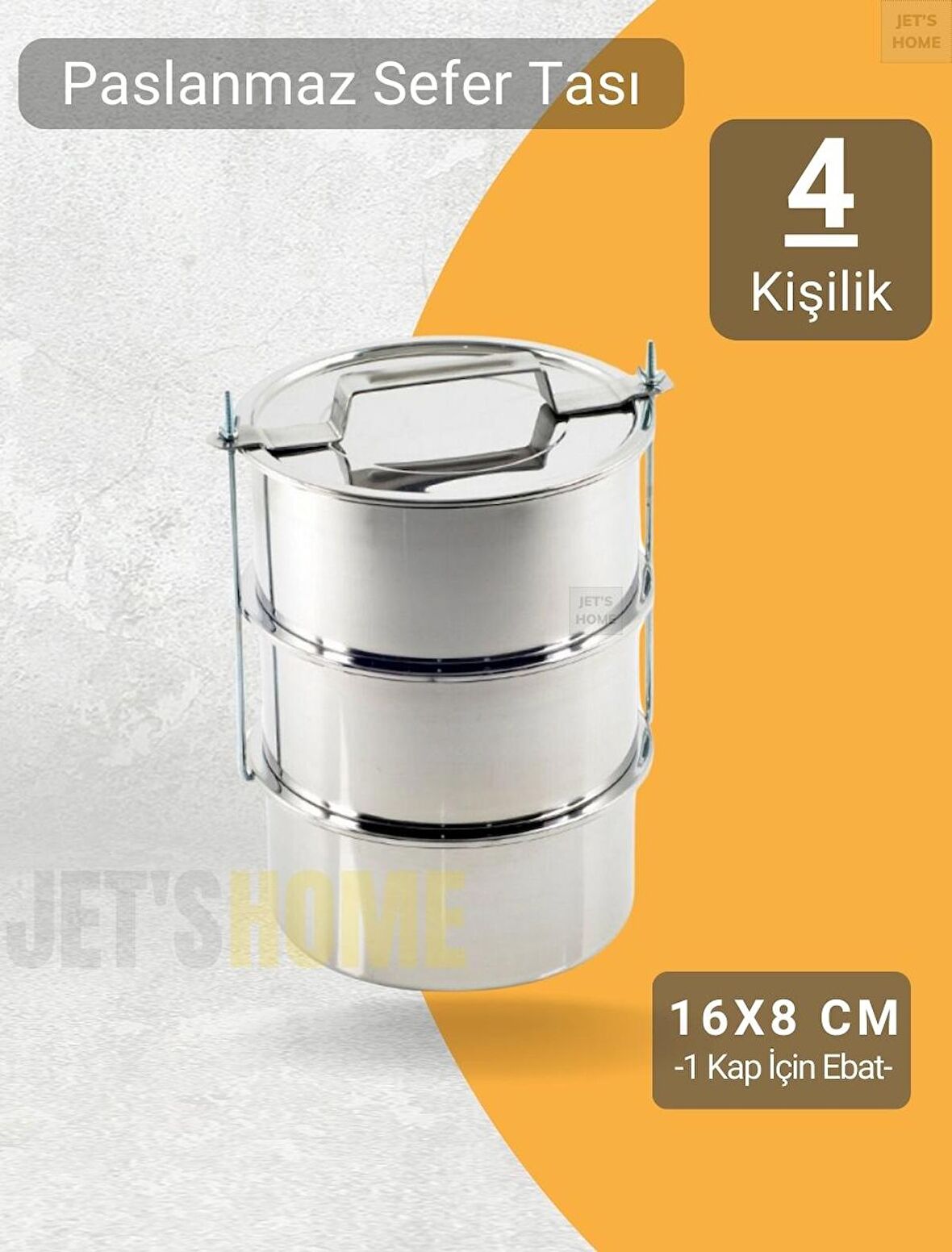 3’lü Sefer Tası 16x8 cm Yemek Taşıma Kabı Paslanmaz Çelik No:3