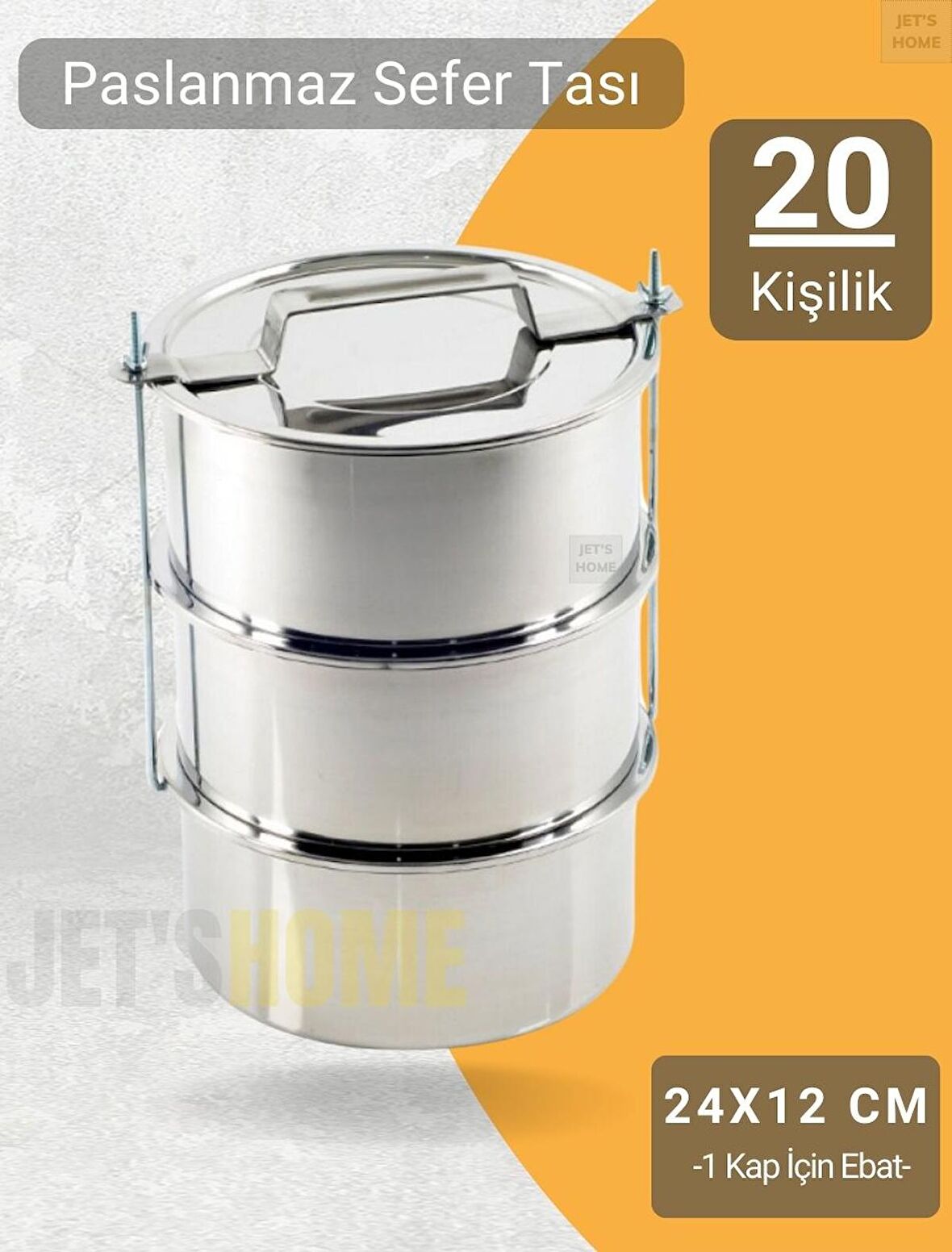 3’lü Sefer Tası 24x12 cm Yemek Taşıma Kabı Paslanmaz Çelik No:7